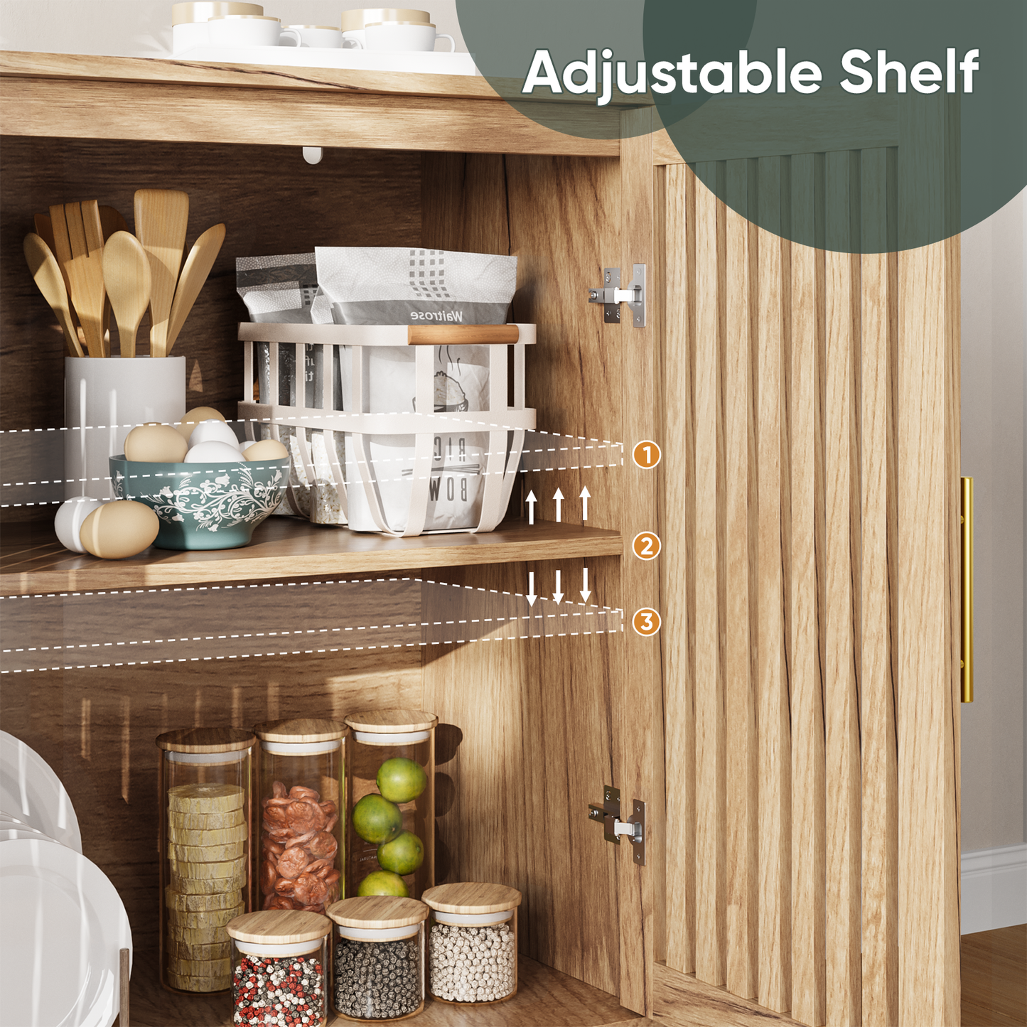 Smart FENDEE 63"W Sideboard Storage Cabinet with Slatted Doors and Adjustable Shelf,Dining Room,Natural