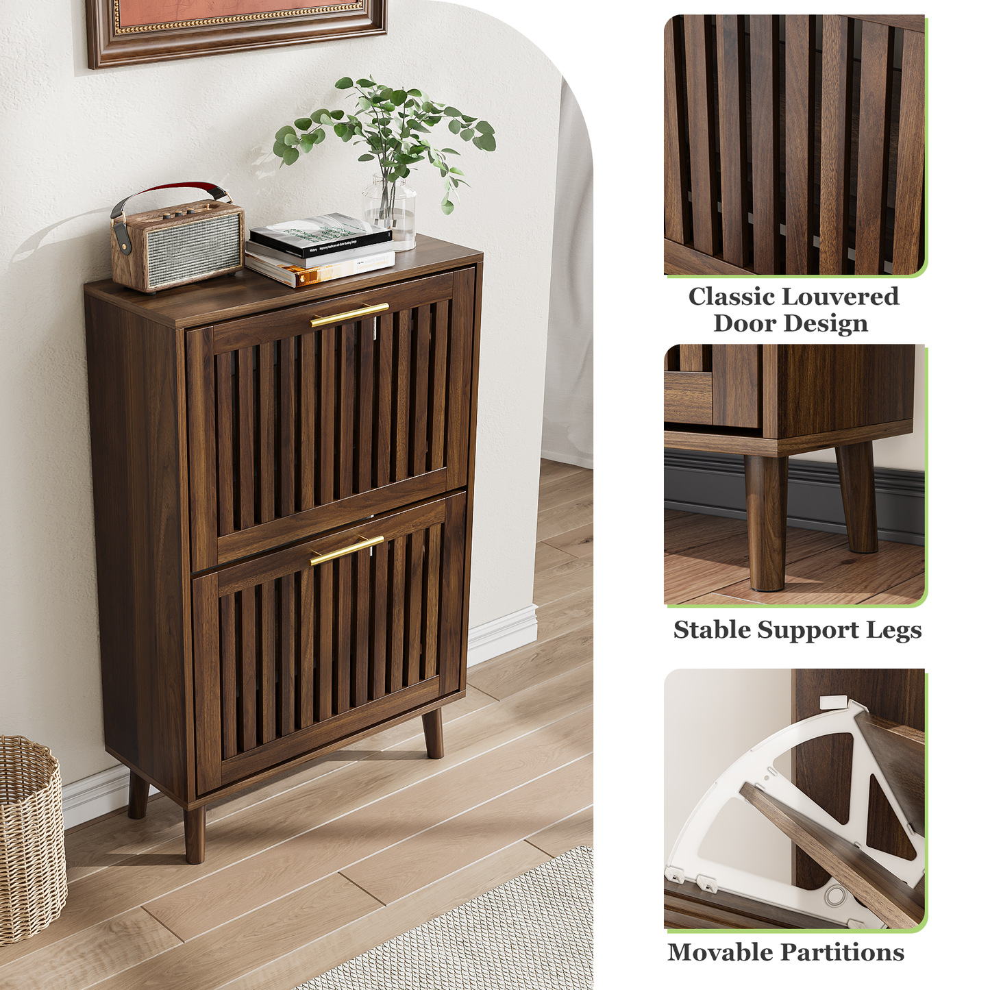 Algherohein Shoe Storage Cabinet with 2 Flip Drawers,Shoe Cabinet Entryway,Fence Walnut