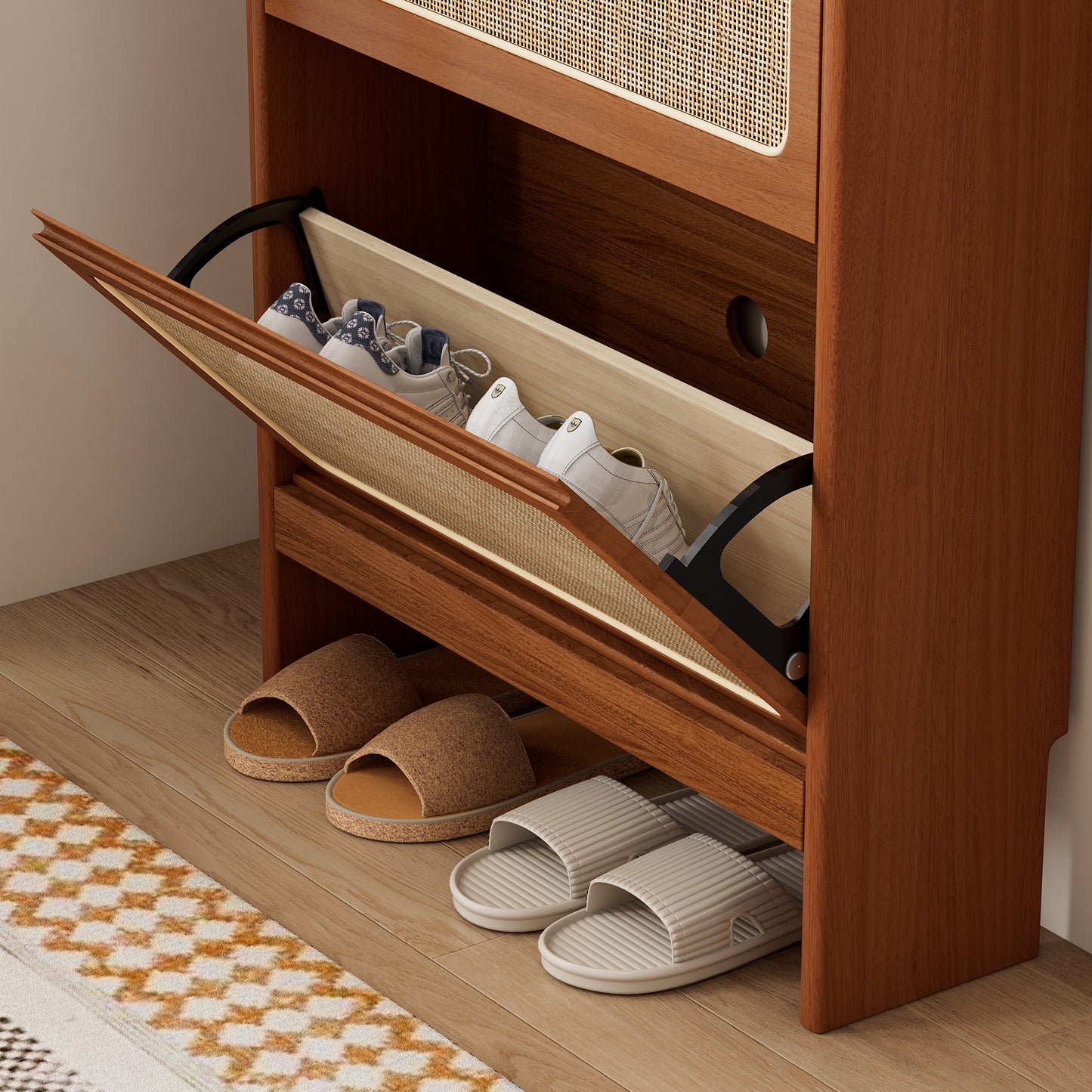 Smart FENDEE Modern Shoe Cabinet with Flip Drawer and Black Pegboard Shoe Rack for Entryway,Walnut