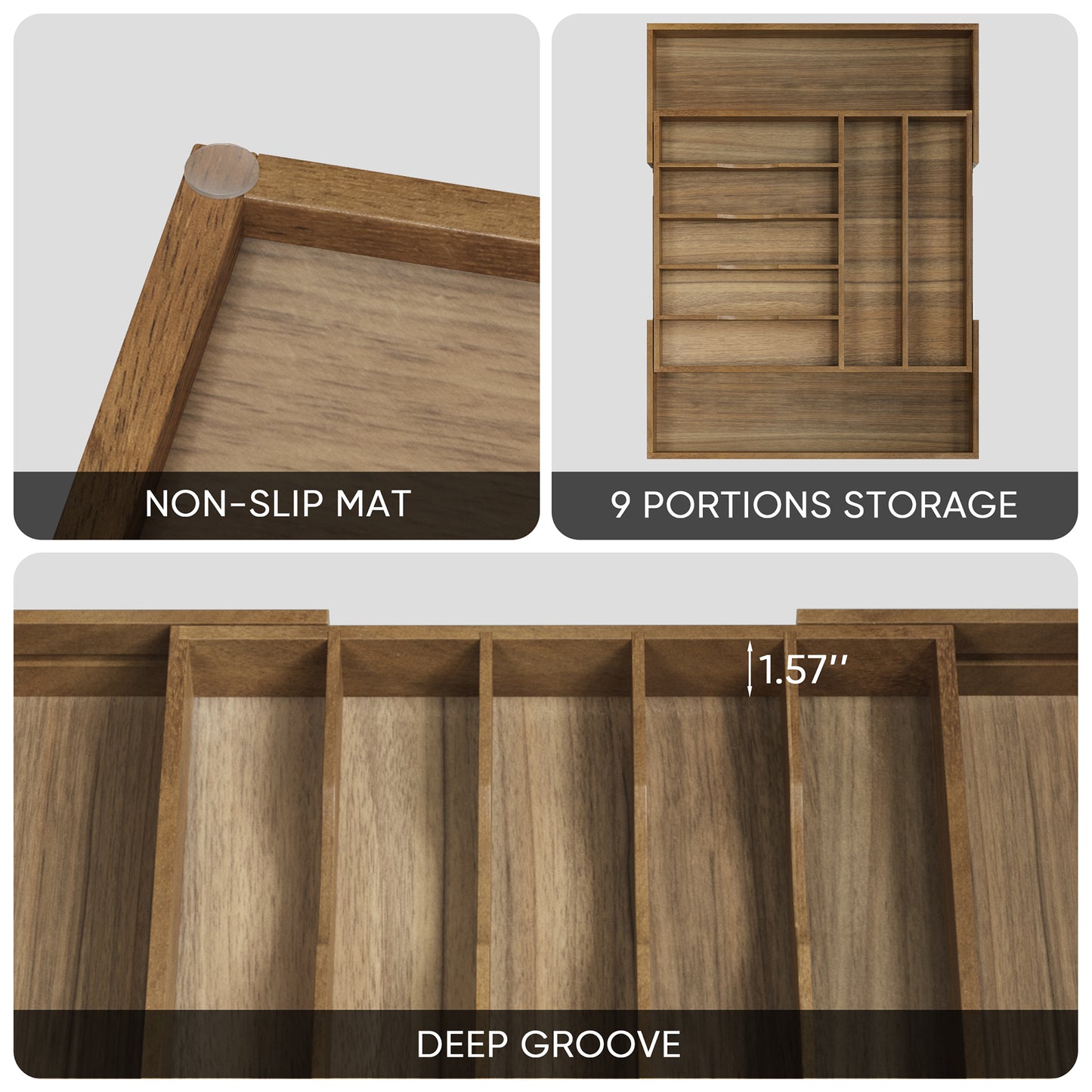 Semiocthome Acacia Wood Silverware Organizer Expandable Storage Drawer Organizer for Kitchen,9 Slot