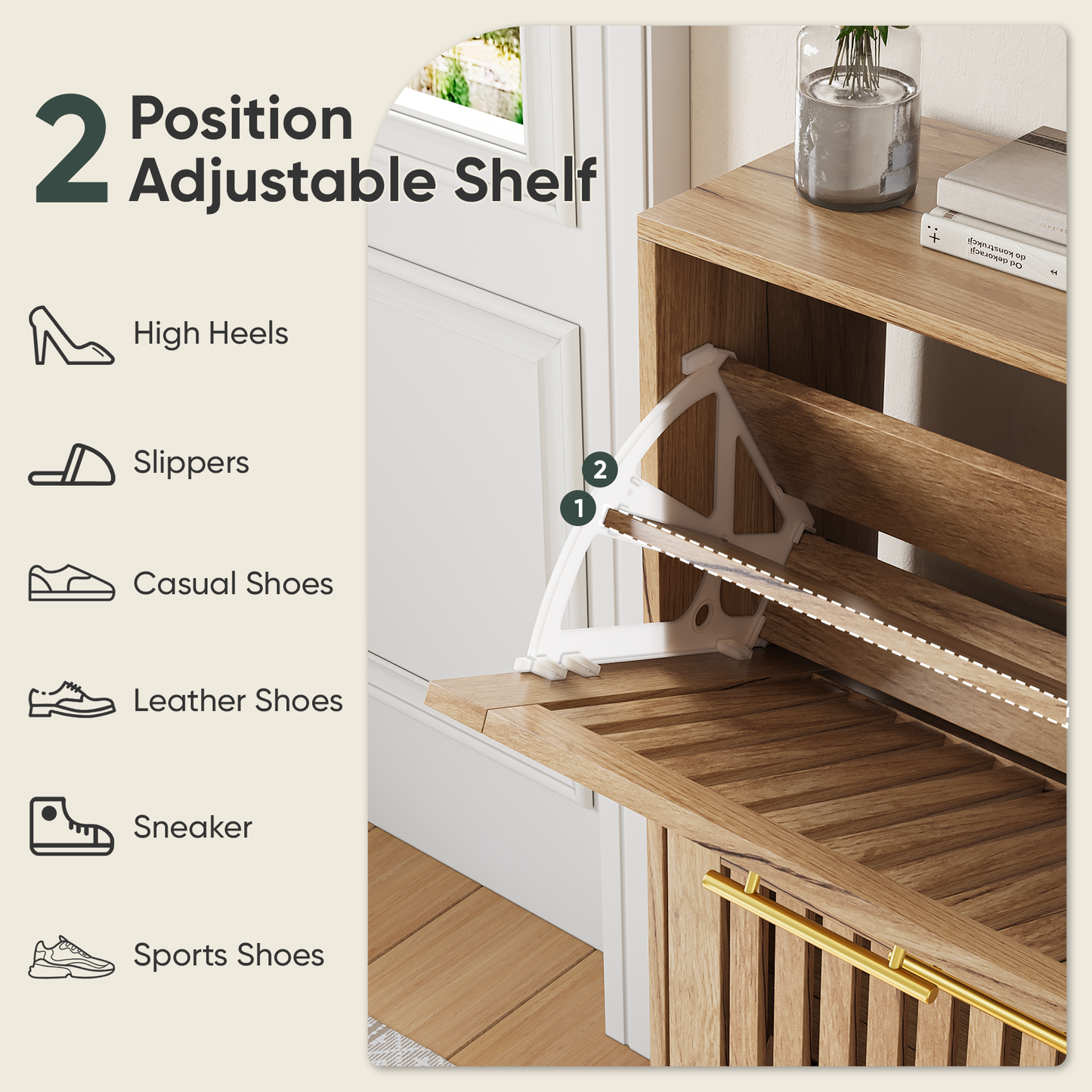 Algherohein Narrow Shoe Cabinet for Entryway, Freestanding Wooden Shoe Organizer Cabinet with 2 Flip Drawers & Adjustable Shelves