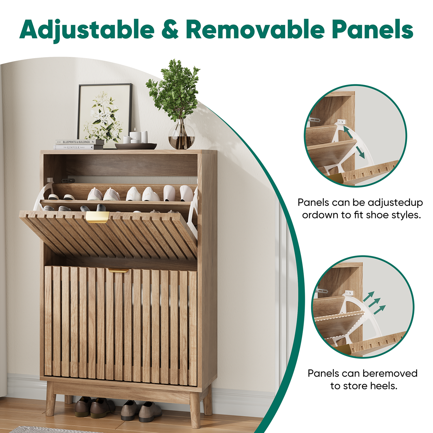 Semiocthome 23.6" Modern Shoe Cabinet, Shoe Storage Cabinet with 2 Flip Drawers for Entryway, Natural