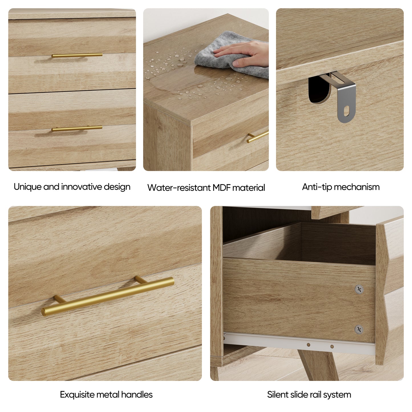 Semiocthome Nightstand with 2 Drawers and Unique 3D Fluted Design, Bedside Table for Bedroom, Oak
