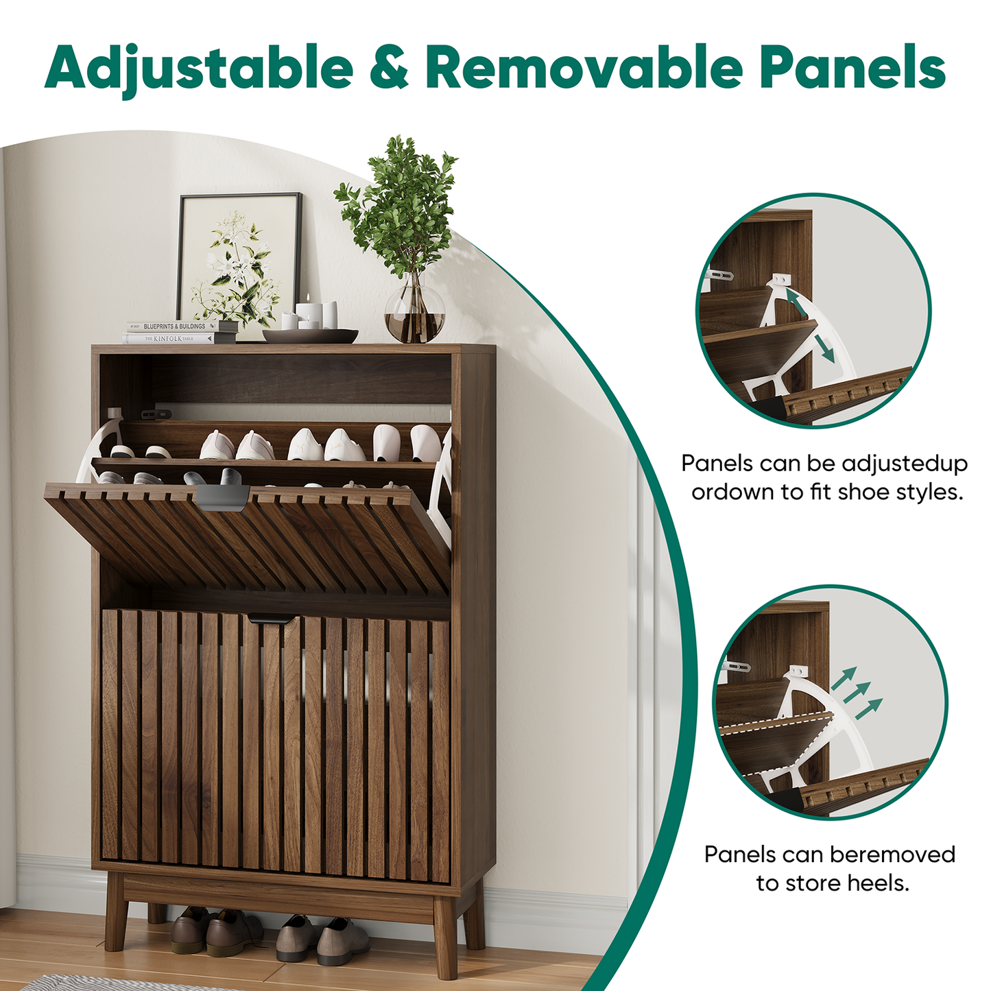 Semiocthome Modern Slim Space Saving Shoe Cabinet 2 Flip Down Slatted Doors 15 Pair Capacity Walnut 23.6 Inch Width