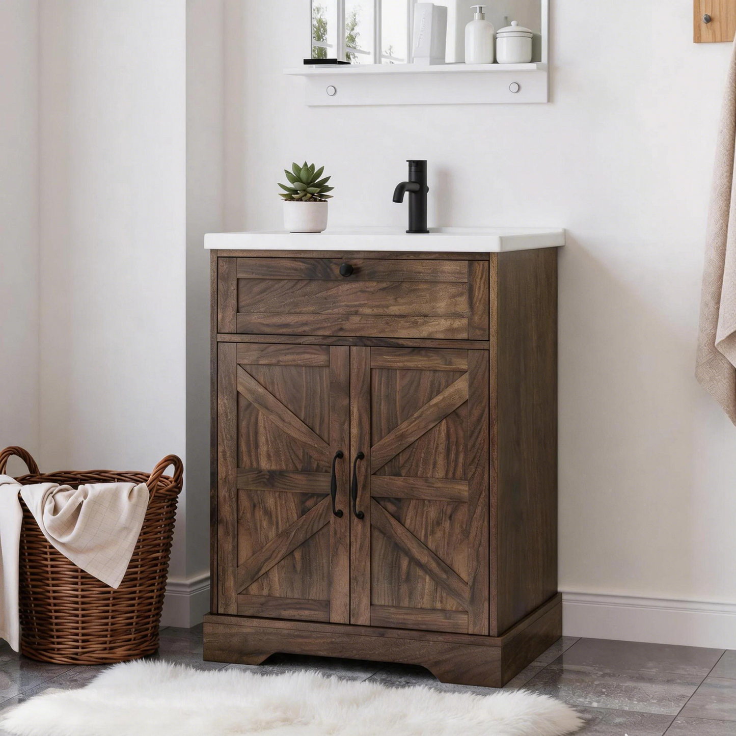 Smuxee Farmhouse Bathroom Vanity with Ceramic Sink Top, Upgrade Bathroom Storage Cabinet with Doors & Drawer