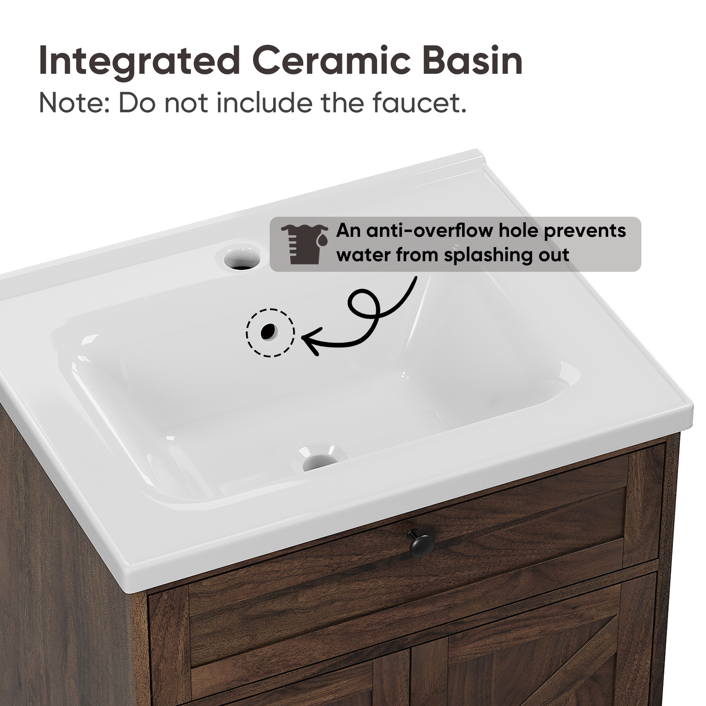 24" Bathroom Vanity with Ceramic Sink, Freestanding Bathroom Storage Cabinet with Barn Door and Flip-Down Drawer, Walnut