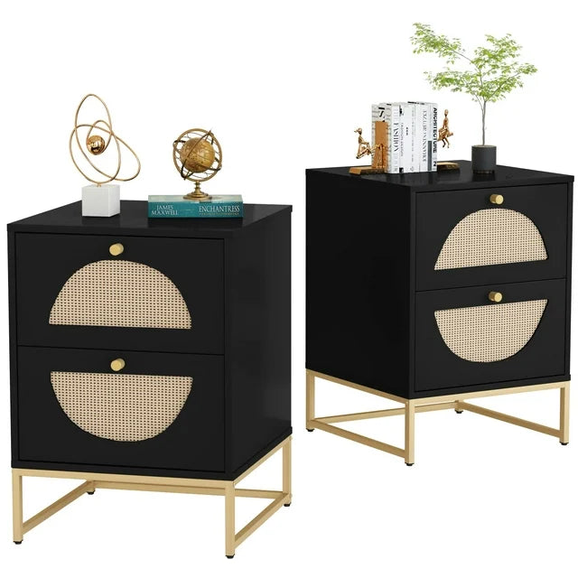 Smart FENDEE Wood Nightstand with 2 Rattan Drawers Bedside Table for Adult, Bedroom
