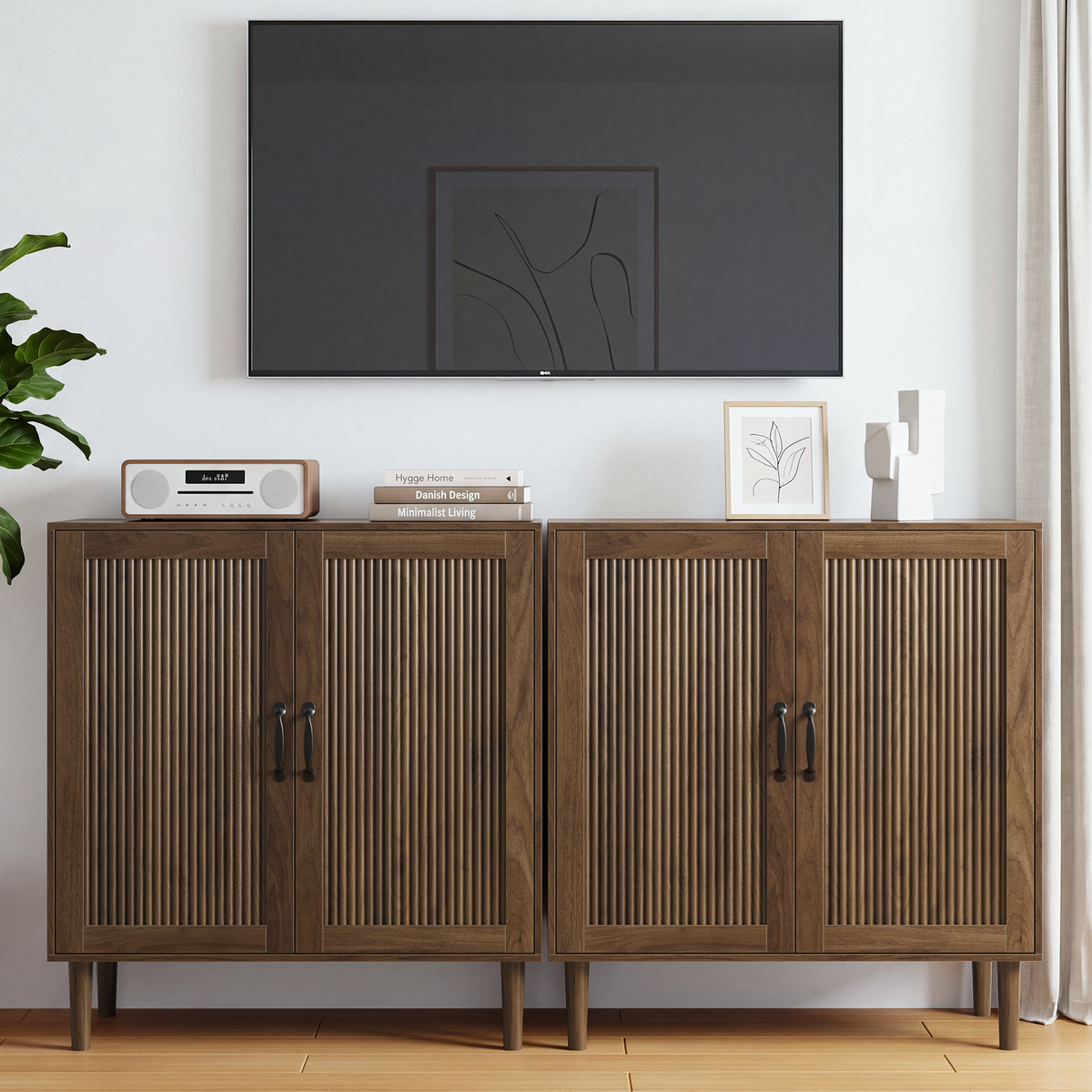 Smuxee Fluted Sideboard Storage Cabinet, Freestanding Mid-Century Modern Reeded Double Door Accent Cabinet