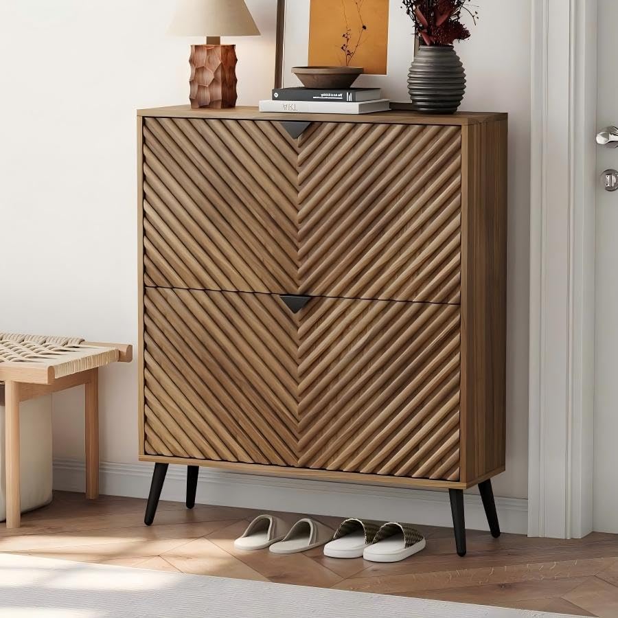 Semiocthome 31.5" Shoe Cabinet with 2 Fluted Diamond Doors Entryway Shoe Storage, Walnut