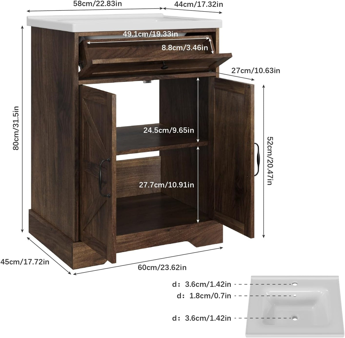 Smart FENDEE 23.62" Bathroom Vanity with Sink, Storage Cabinet with Barn Door & Drawer, Walnut