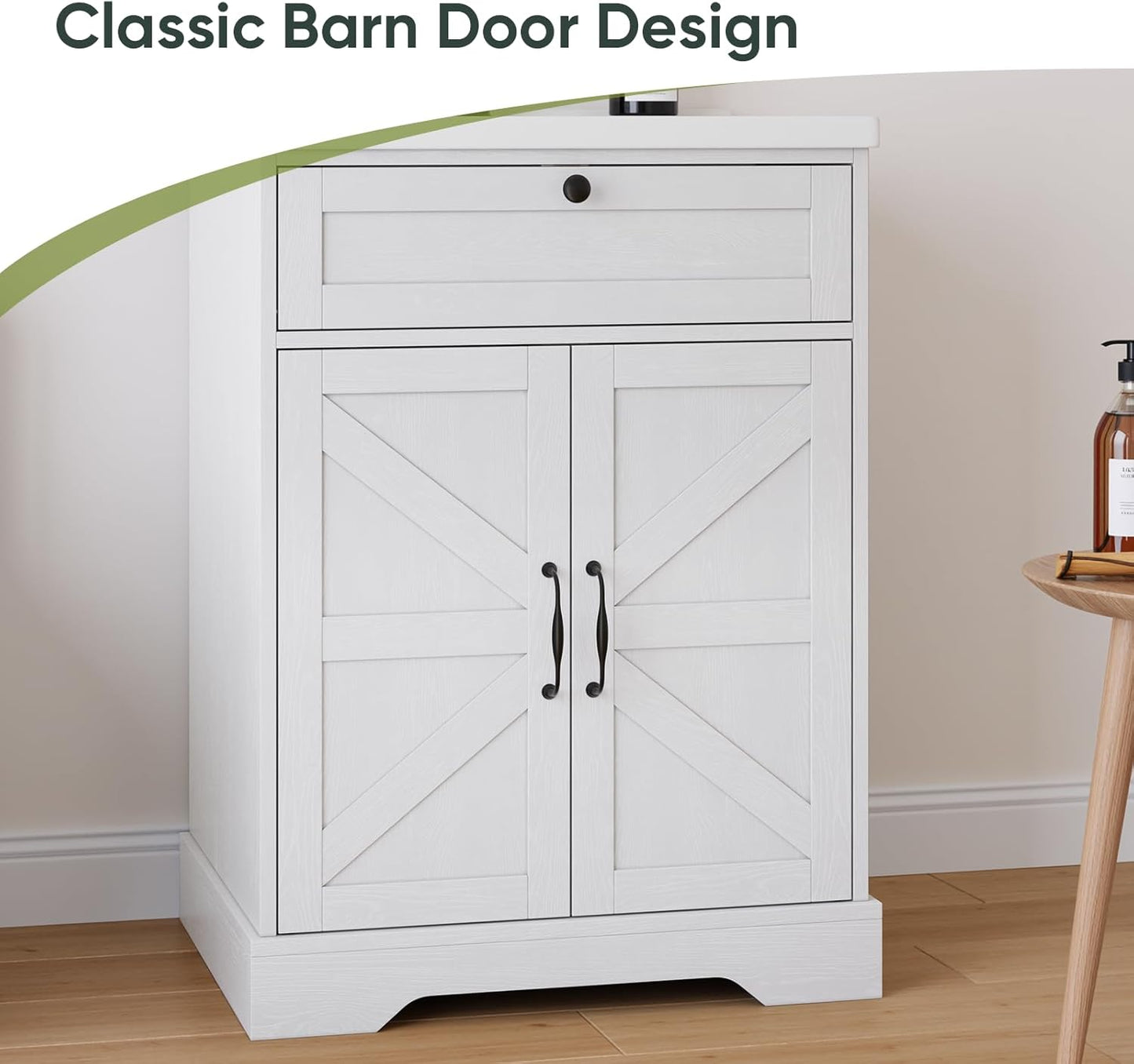 Smart FENDEE 23.62" Bathroom Vanity with Sink, Storage Cabinet with Barn Door & Drawer, White