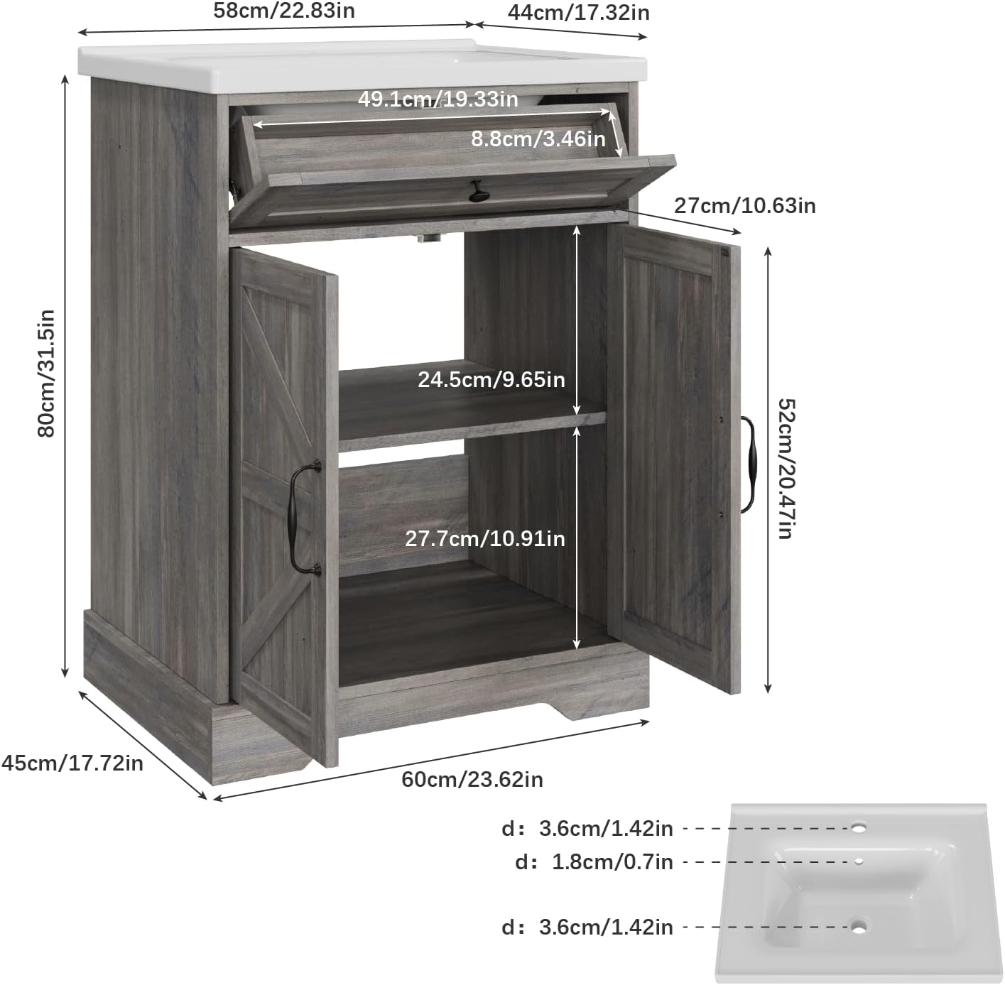 Smart FENDEE 22.83" Bathroom Vanity with Sink, Storage Cabinet with Barn Door & Drawer, Grey
