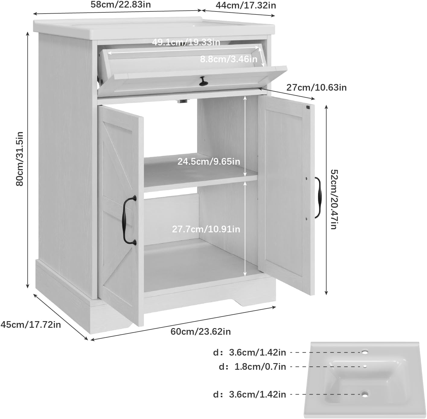 Smart FENDEE 23.62" Bathroom Vanity with Sink, Storage Cabinet with Barn Door & Drawer, White