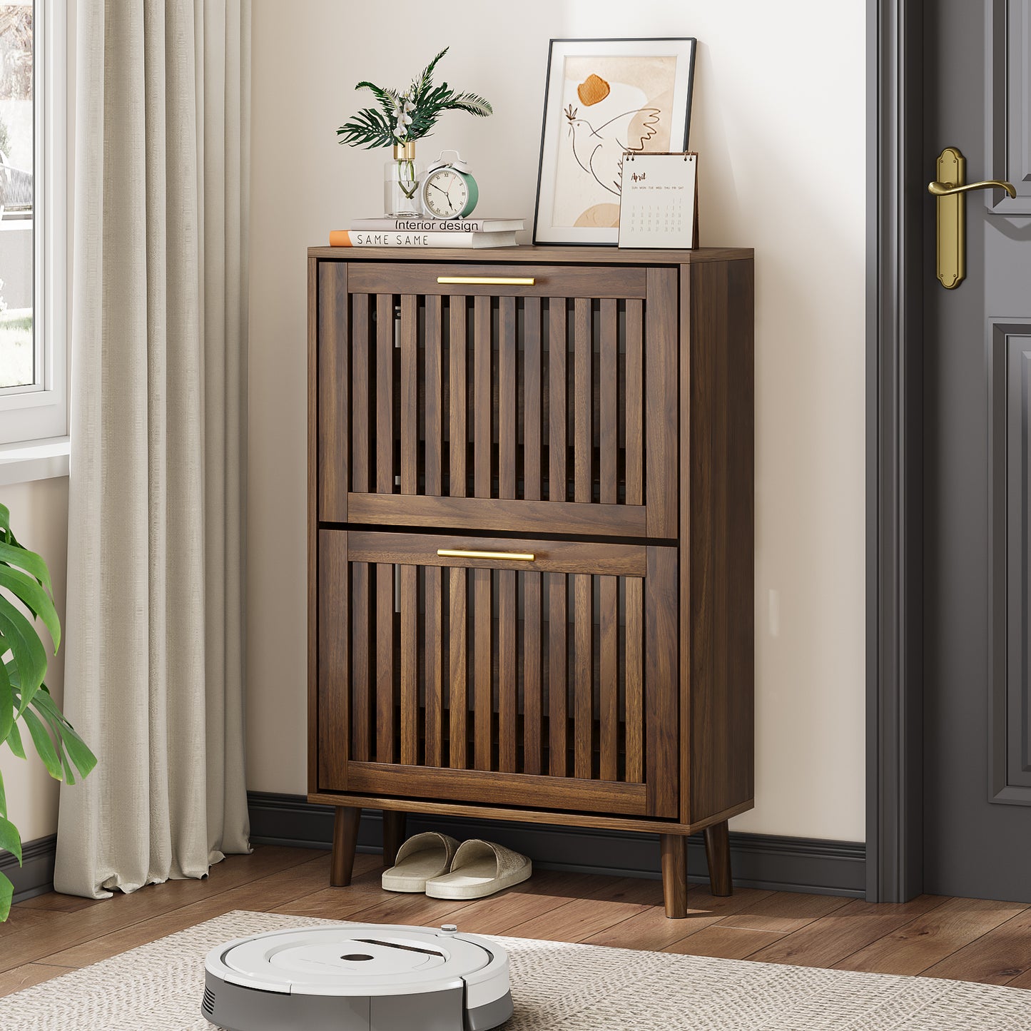 Semiocthome 23.6" Shoe Storage Cabinet with 2 Flip Louvered Drawers for Entryway, Hallway, Walnut
