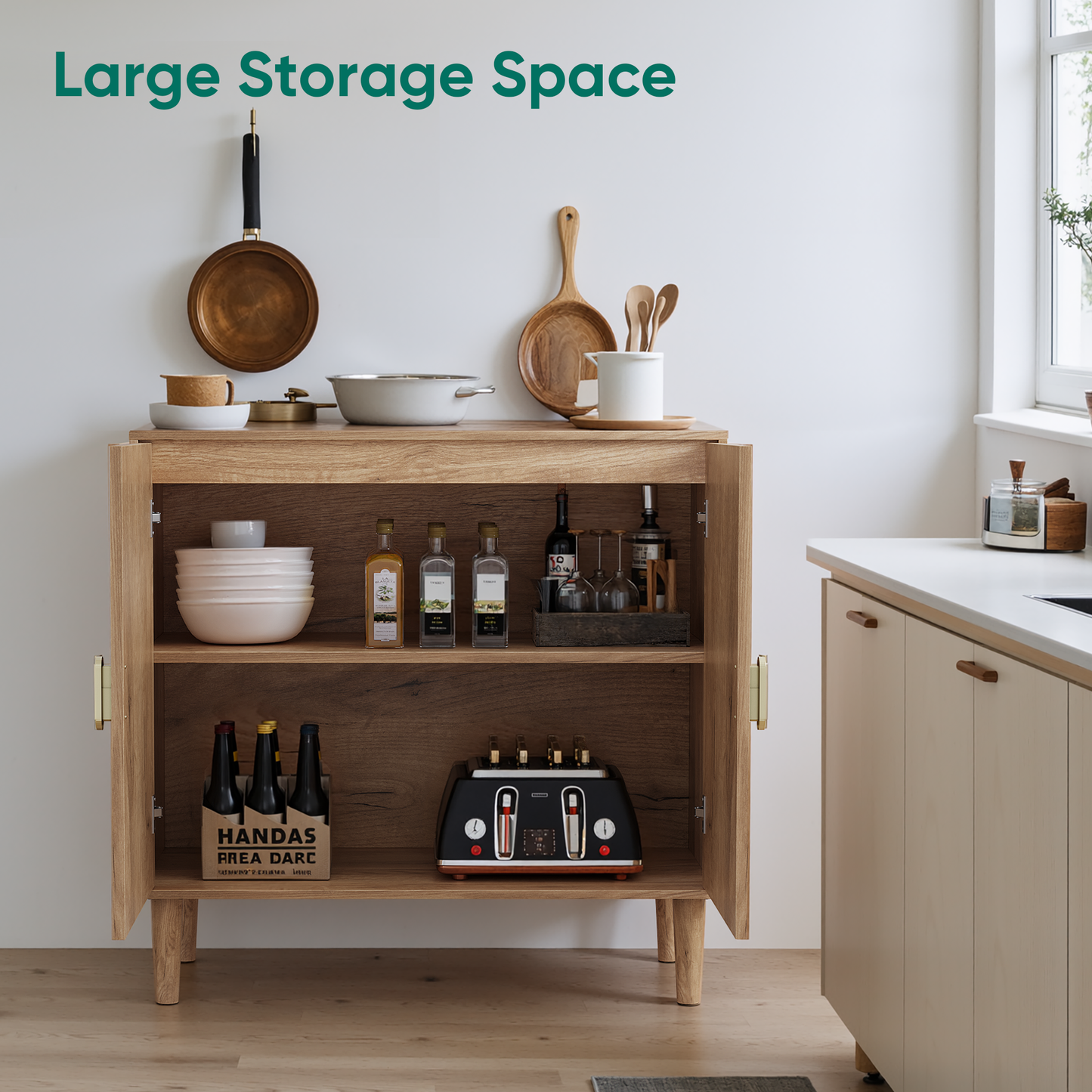 Semiocthome Sideboard Buffet Cabinet with Adjustable Shelf, Line Groove Design, Kitchen, Natural