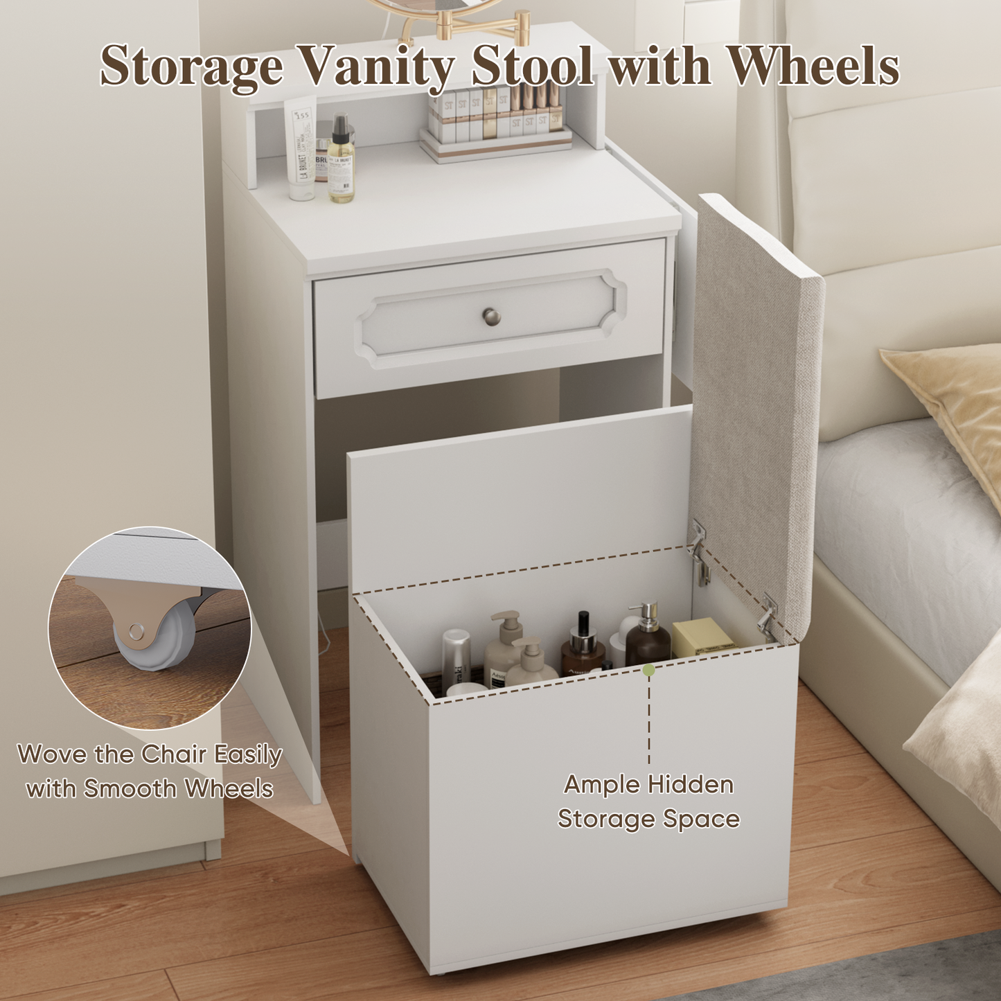 Smuxee 3 In 1 White Vanity Set with Mirror and Lights,Makeup Vanity with Drawer and Vanity Stool