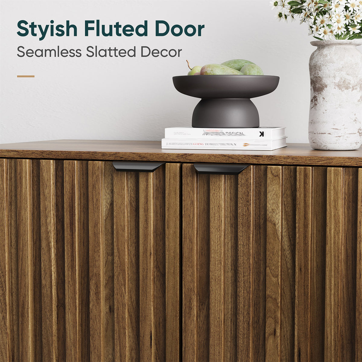 Semiocthome Sideboard Storage Cabinet with 4 Fluted Doors and 2 Shelves, Kitchen, Dining Room, Walnut