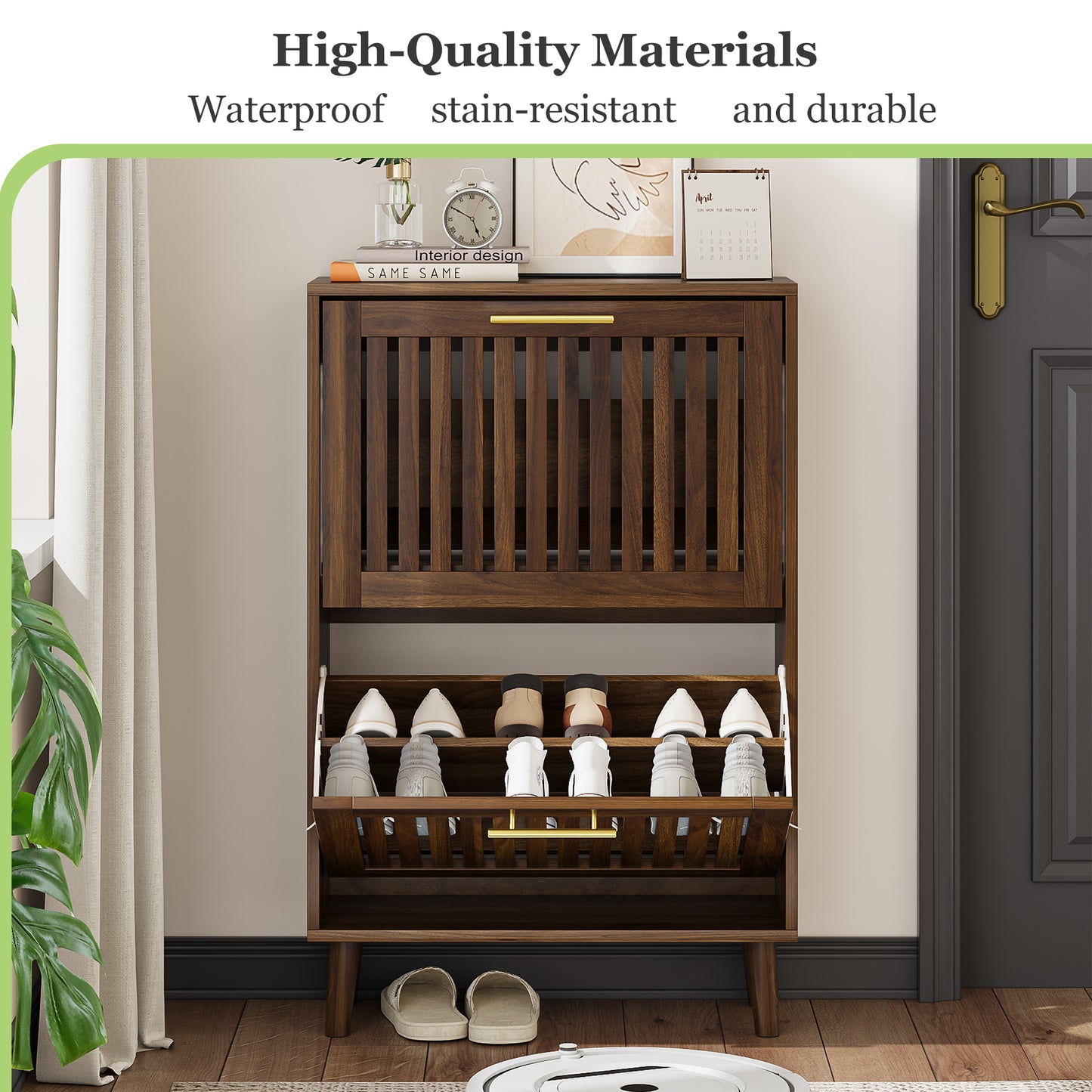 Semiocthome 23.6" Shoe Storage Cabinet with 2 Flip Louvered Drawers for Entryway, Hallway, Walnut