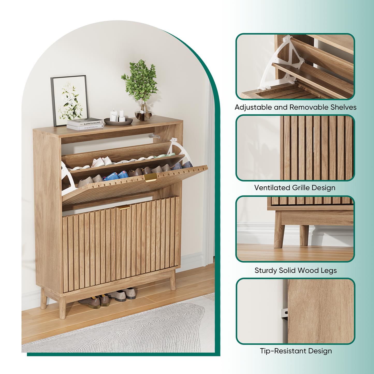 Semiocthome 31.5" Modern Shoe Cabinet, Shoe Storage Cabinet with 2 Flip Drawers for Entryway, Natural