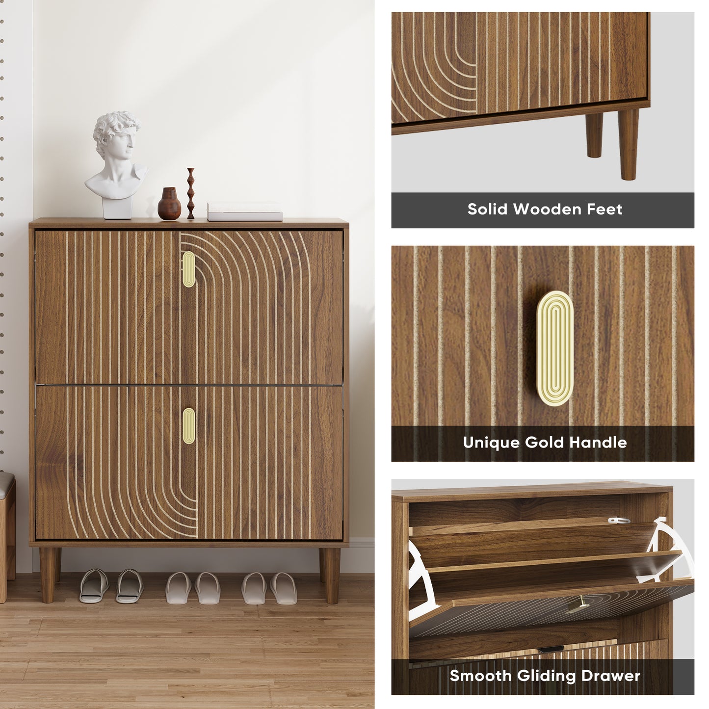 Semiocthome 31.5" Shoe Storage Cabinet with 2 Flip Drawers and Line Groove Design, Entryway, Walnut