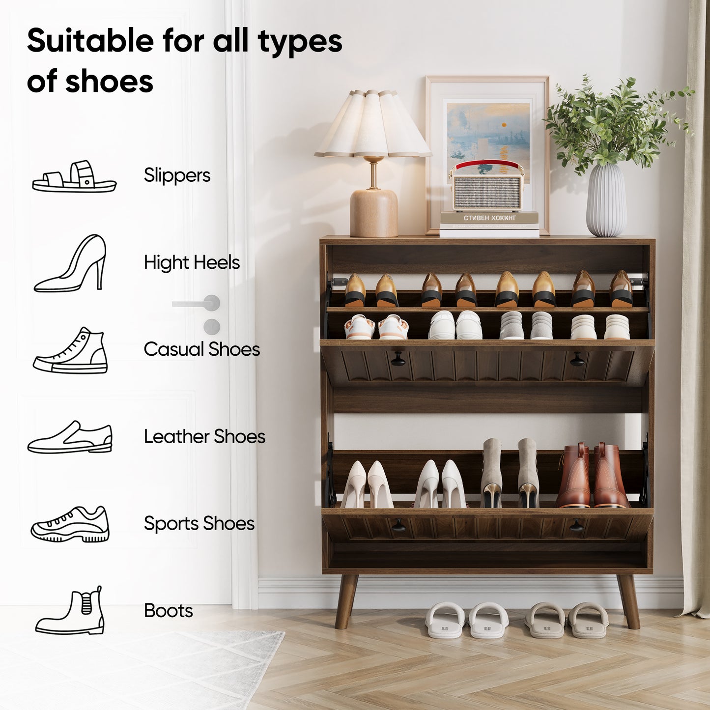 Semiocthome 31.5" Shoe Cabinet with 2 Flip Drawers, Farmhouse Shoe Rack for Entryway ,Walnut