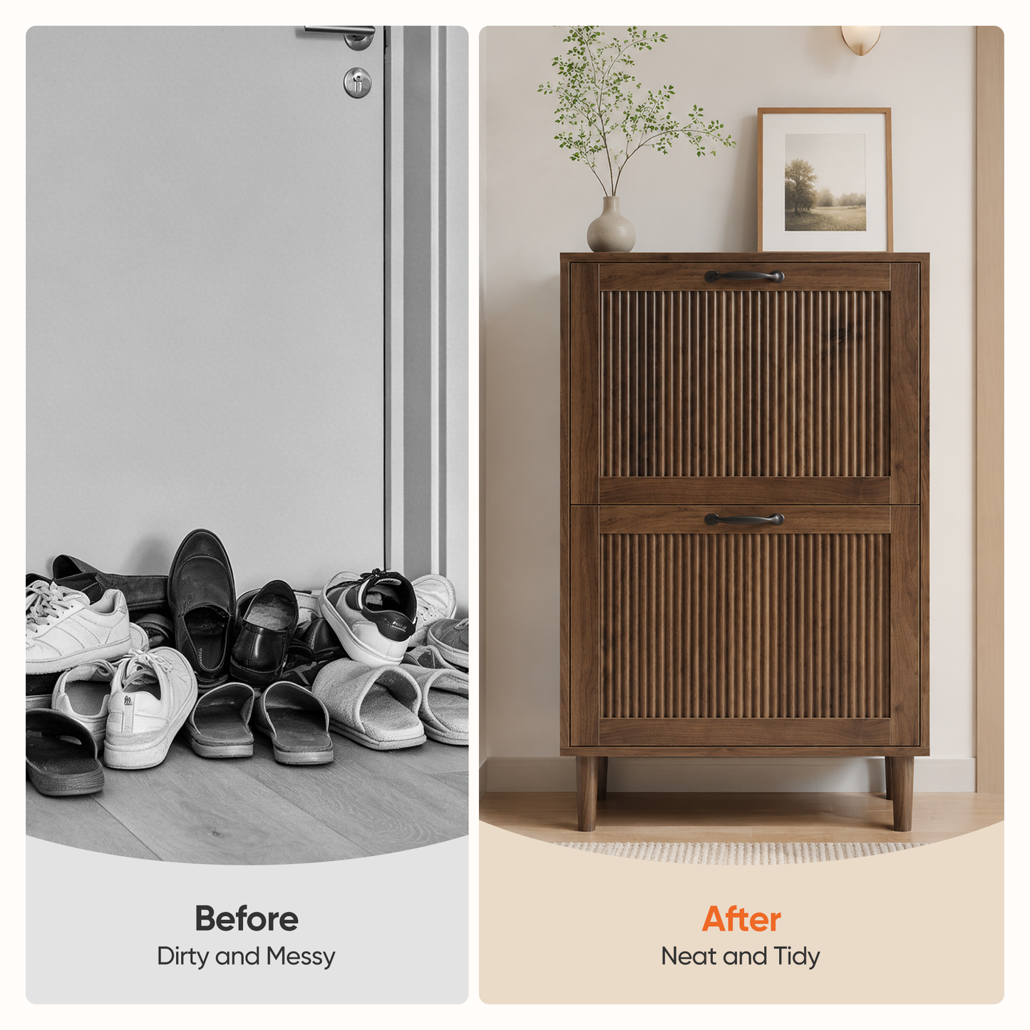Semiocthome Shoe Cabinet with 2 Flip Drawers, Small Fluted Doors, Entryway, 23.6", Walnut