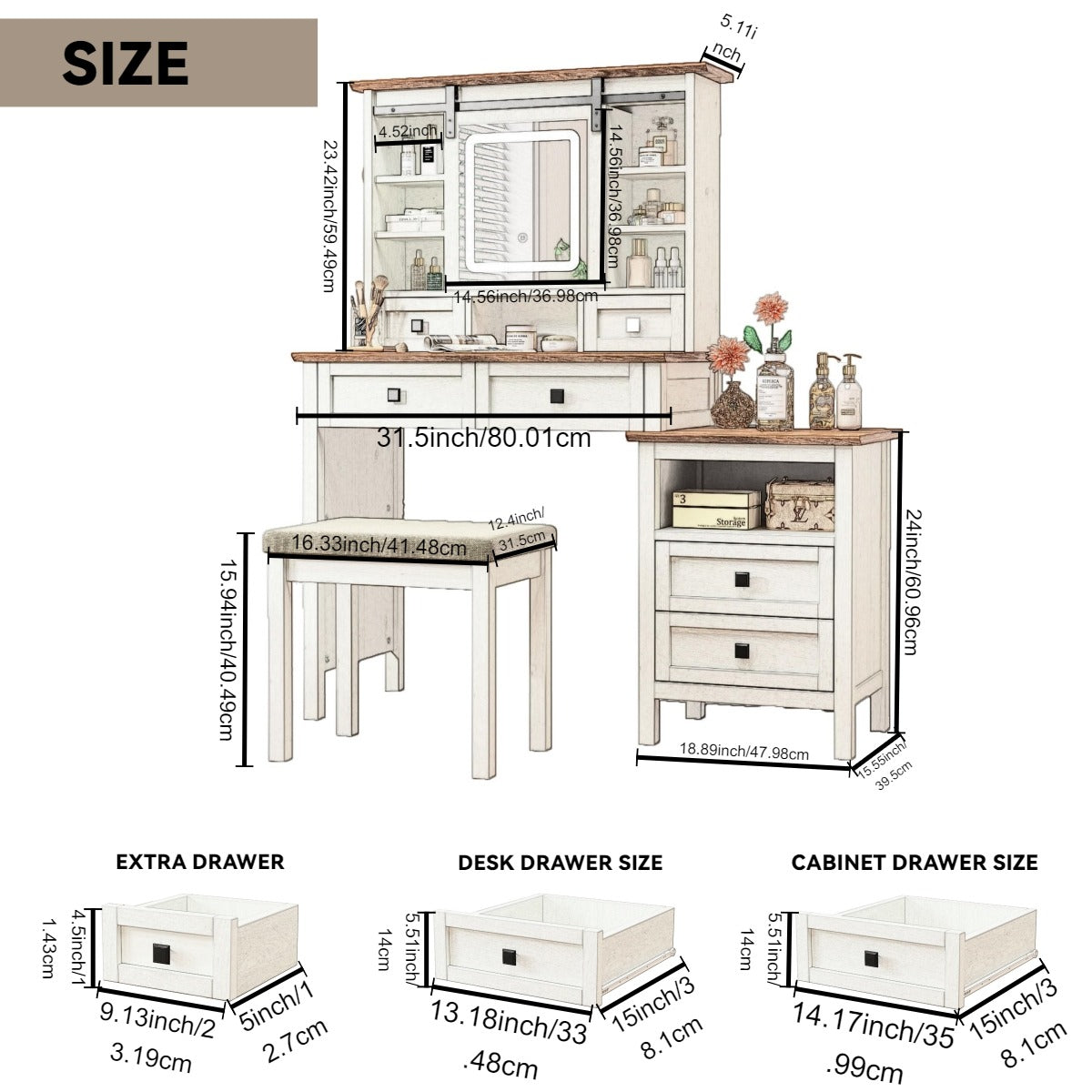 Semiocthome Farmhouse Makeup Vanity Desk with Cushioned Stool and Charging Station for Bedroom,White