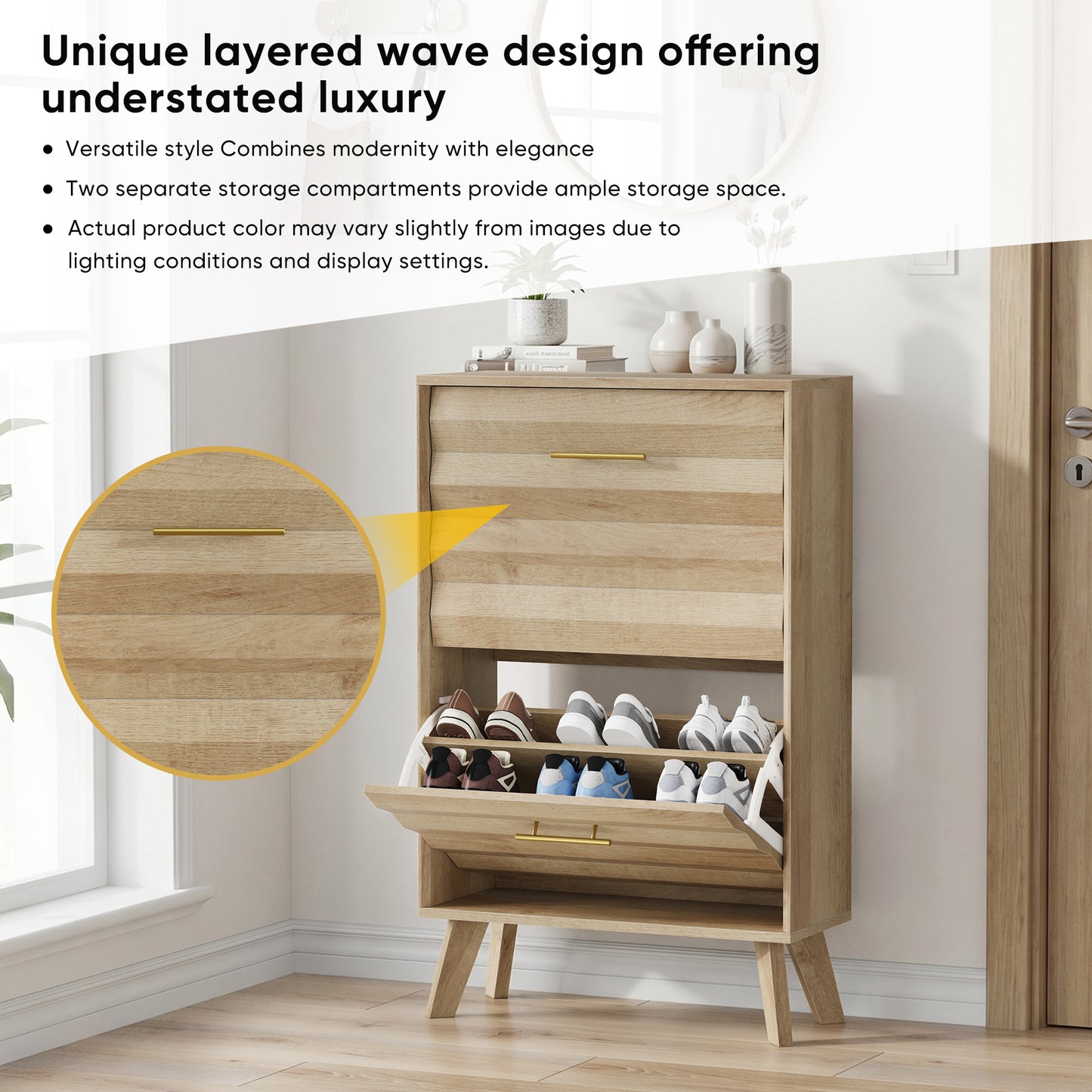 Semiocthome Mid-Century Shoe Cabinet, Shoe Storage with 2 Wavy Texture Drawers for Hallway, Natural