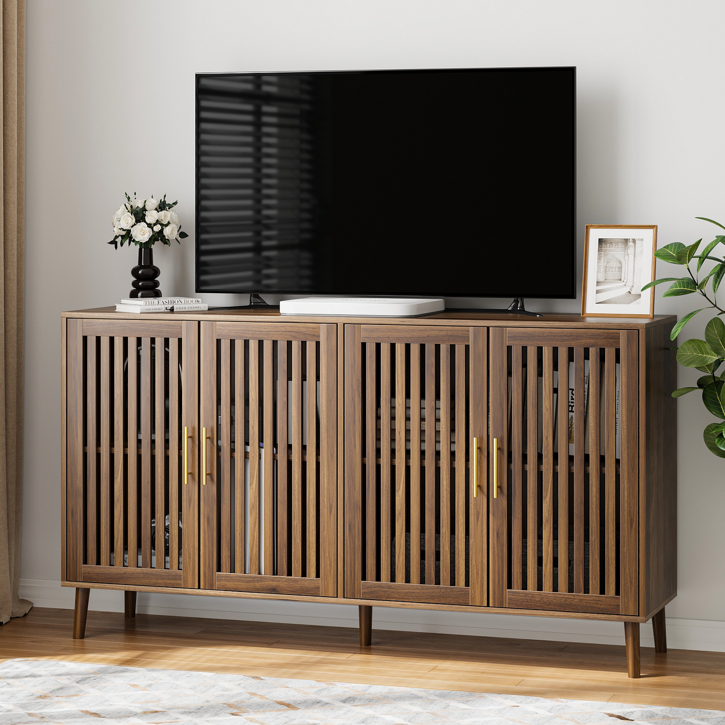 Semiocthome Sideboards and Buffets with 4 Doors and Adjustable Shelve,Coffee Bar for Kitchen, Walnut