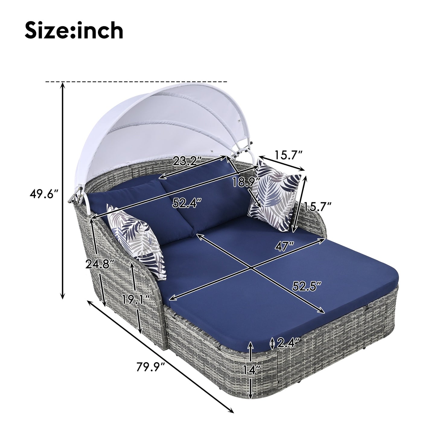 Algherohein PE Rattan Outdoor Daybed with Adjustable Canopy and Cushions,Patio Couch Bed