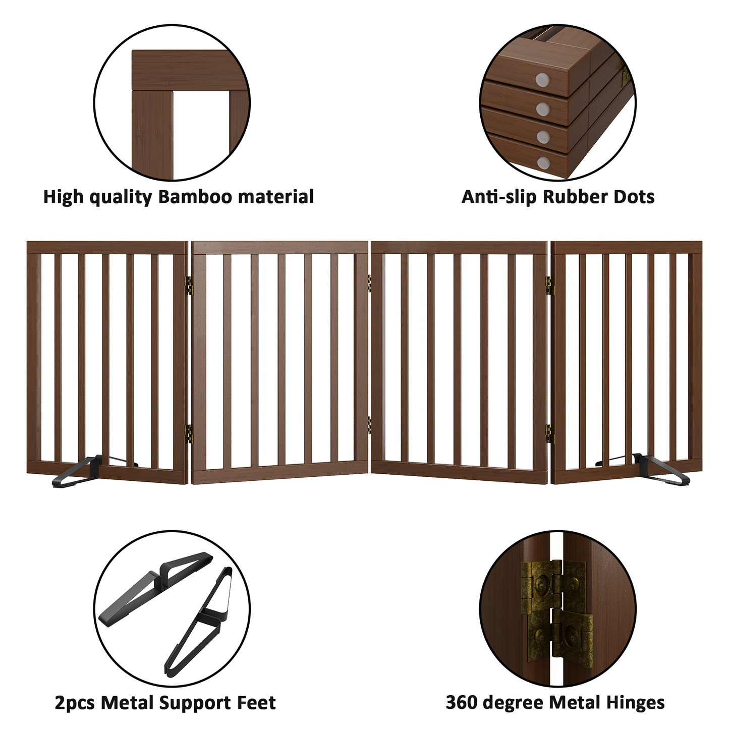 Smart FENDEE Bamboo Dog Gate Freestanding 4 Panel Pet Gate for Doorways, 2 Support Feet, Espresso