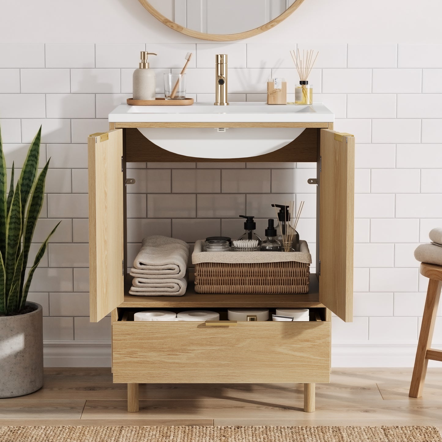 Smart FENDEE 22.83" Bathroom Vanity with Resin Sink, Storage Cabinet with Barn Door & Drawer, White