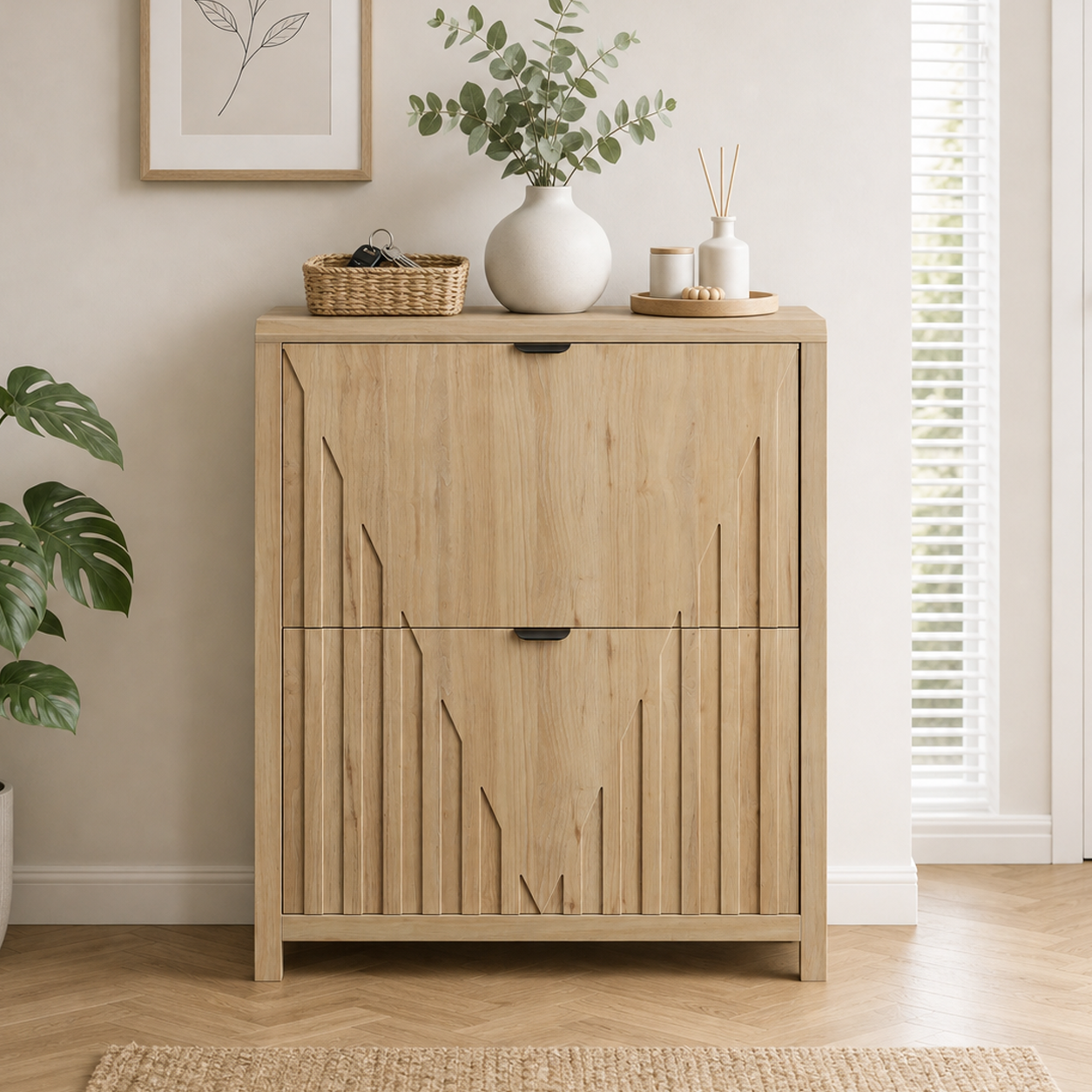 Algherohein 2 Flip Drawer Shoe Storage Cabinet, Narrow Vertical Hidden Shoe Rack Cabinet for Entryway & Hallway