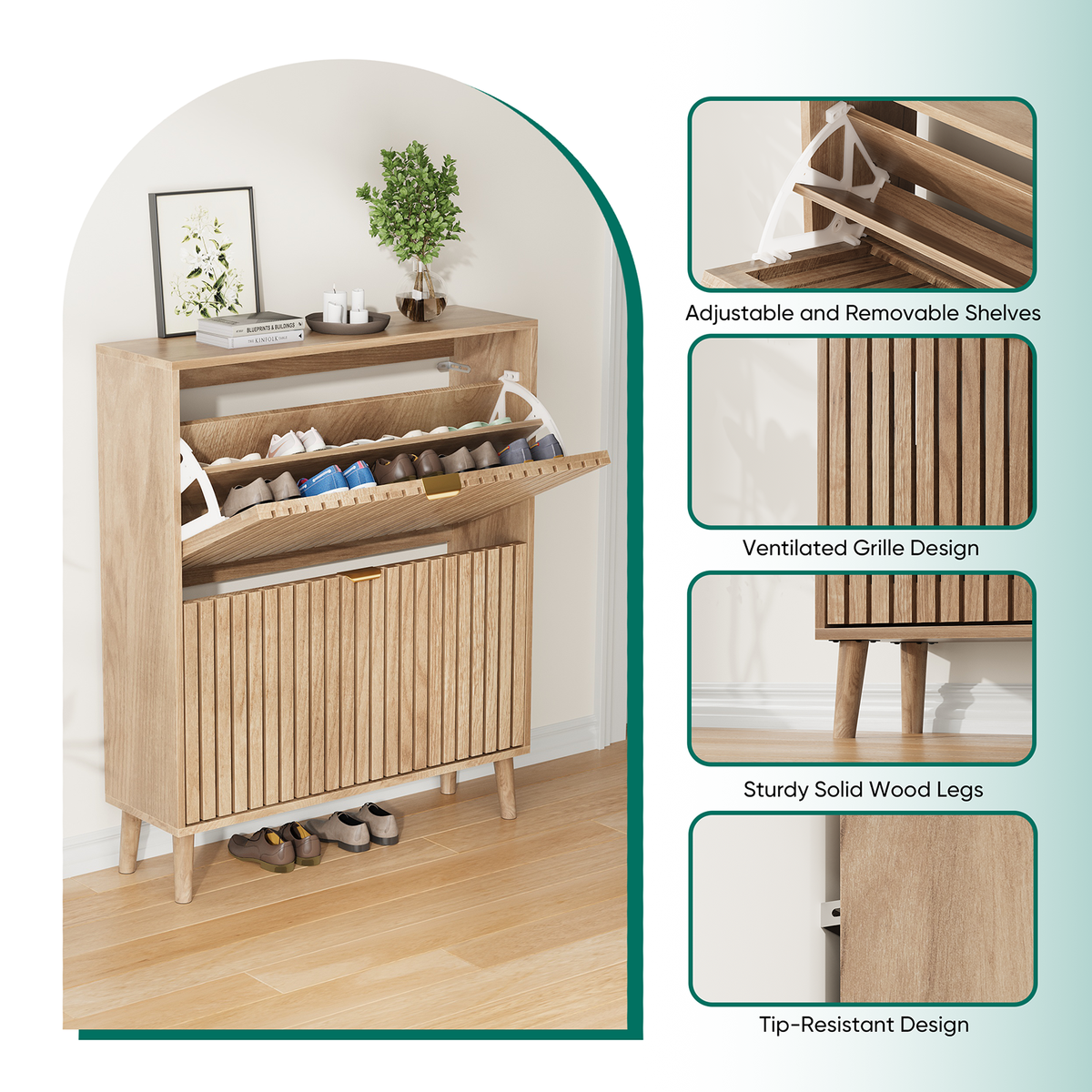 Semiocthome 31.5" Shoe Cabinet, Shoe Storage Cabinet with 2 Flip Drawers, Ventilated Grille Design,Tall Legs, Entryway, Natural