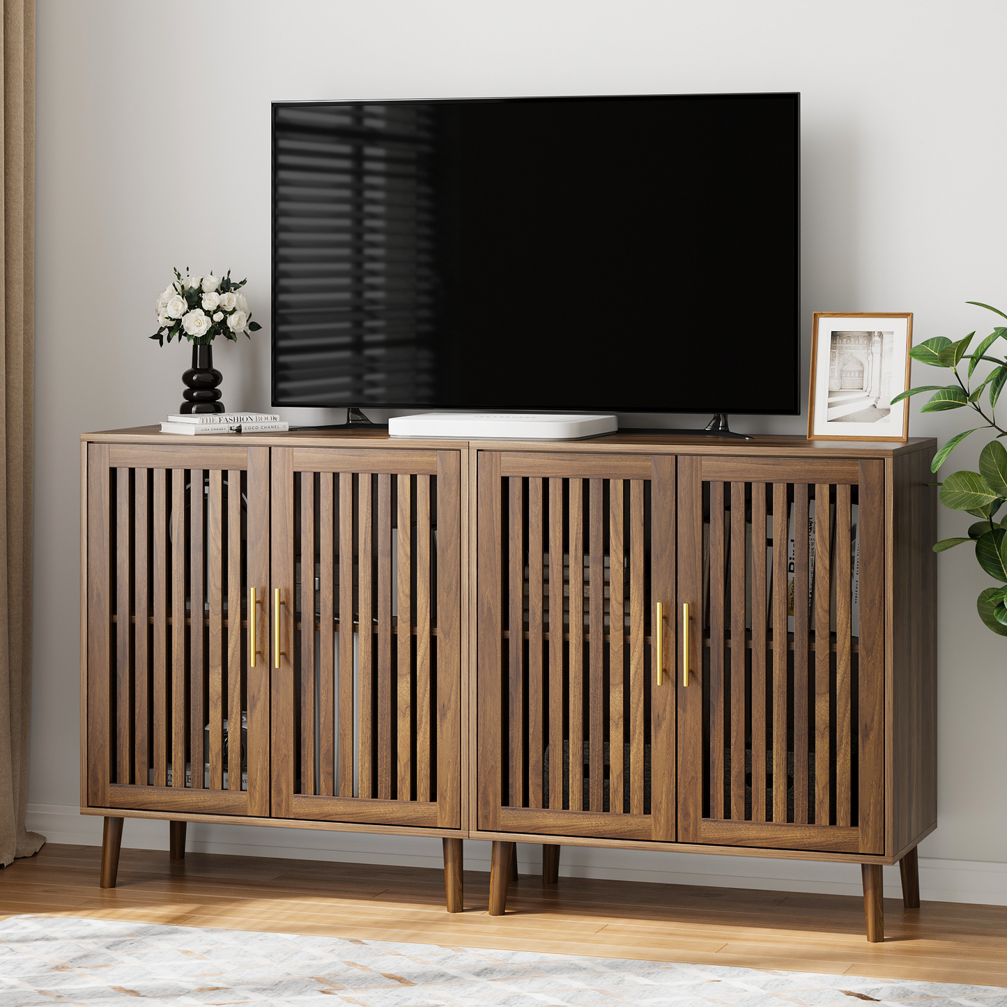 Semiocthome Buffet Cabinet with Storage, 35" Tall Sideboard with 2 Slatted Doors and Adjustable Shelf,  Coffee Bar for Dining Room, Kitchen, Walnut