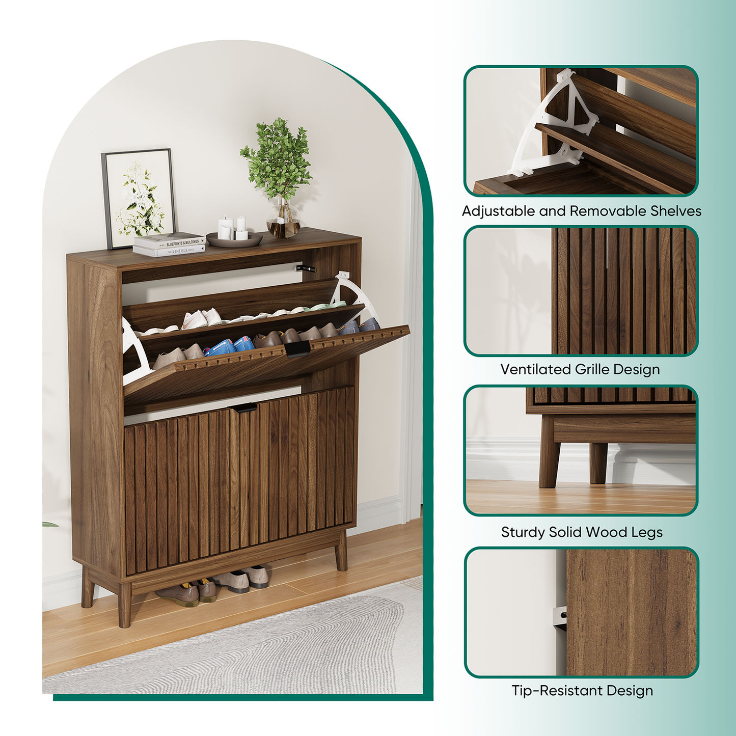 Semiocthome 31.5" Modern Shoe Cabinet, Shoe Storage Cabinet with 2 Flip Drawers for Entryway, Walnut