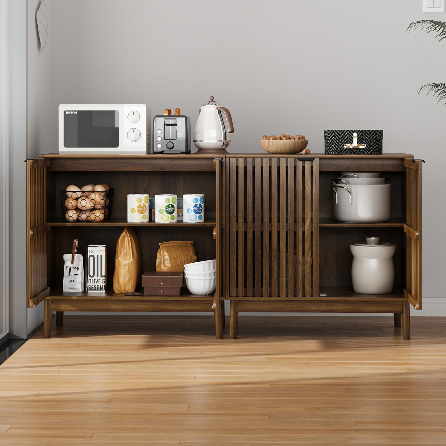 Algherohein Sideboard Cabinet with 4 Door & Adjustable Shelves, Kitchen Storage Organizer, Home Decor TV Stand for Living Room, Oak