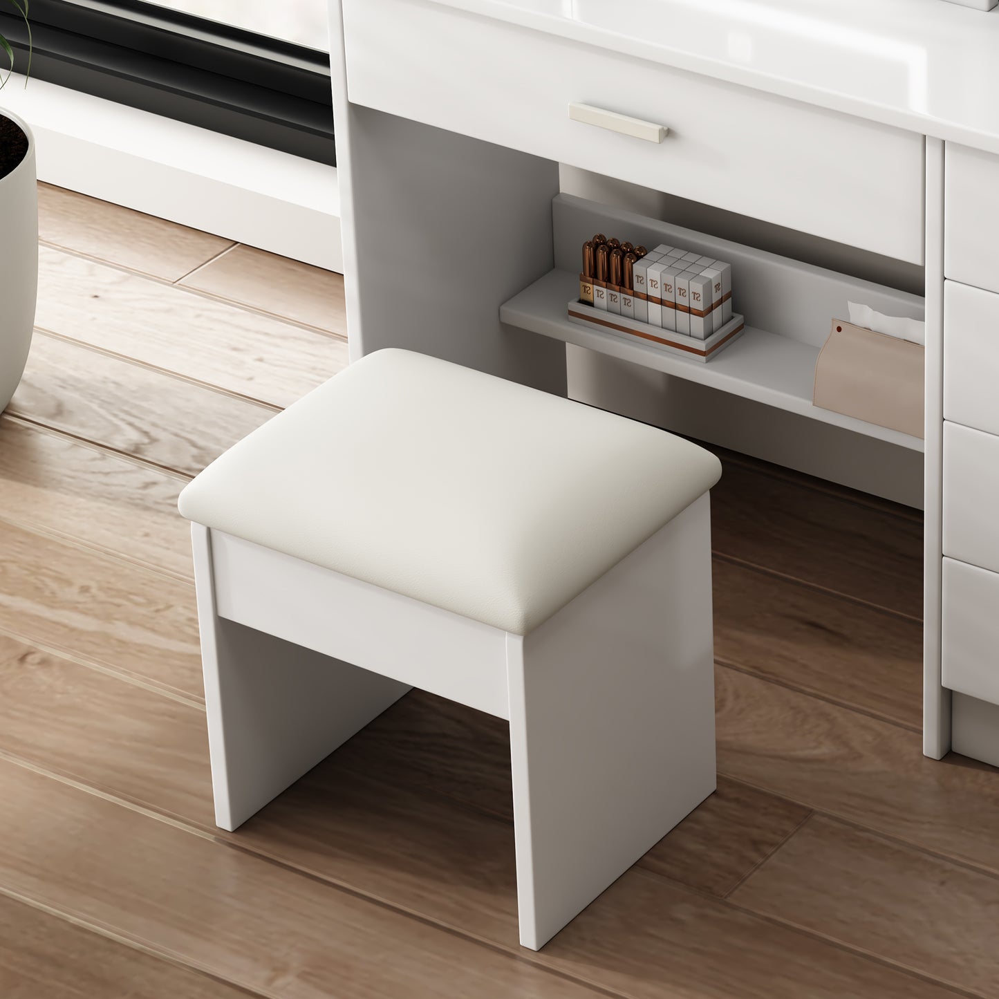 Smart FENDEE Modern Vanity Table Set with Mirror Lights, 5 Shelves,5 Drawers,Bedroom,White