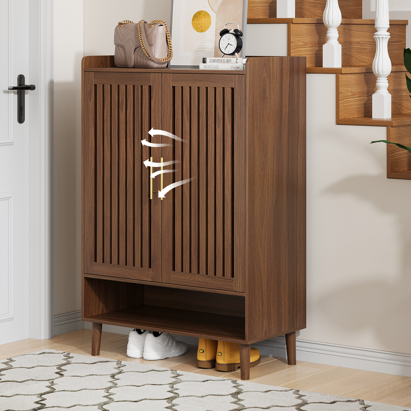 Smuxee Retro Shoe Storage Cabinet with 2 Door,Entryway Freestanding Wood Shoe Organizer for Shoes,Heels, Boots, Slippers,Walnut 31.5"W
