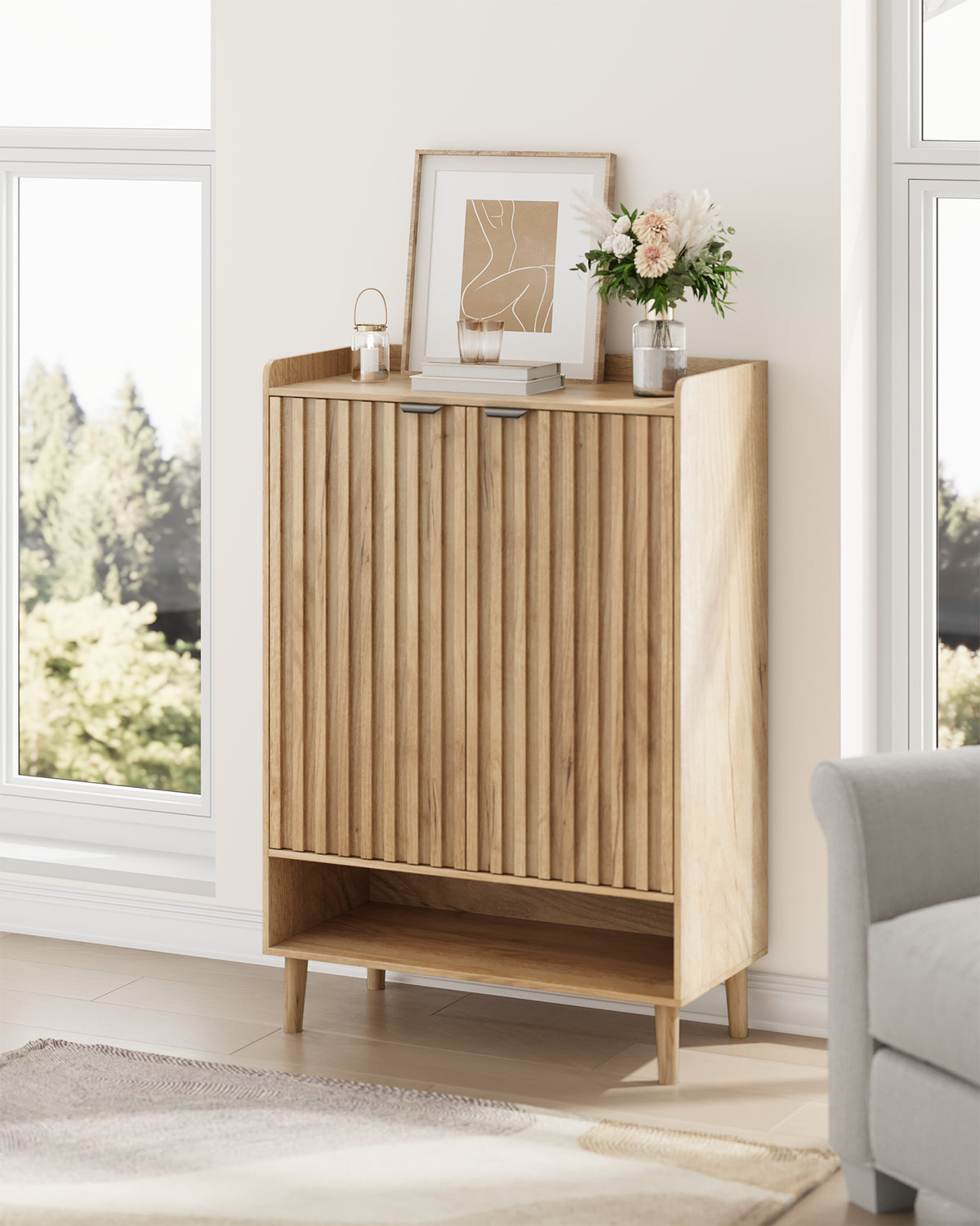 Smart FENDEE 6-Tier Shoe Storage Cabinet with 2 Fluted Doors, Entryway Shoe Storage, Natural