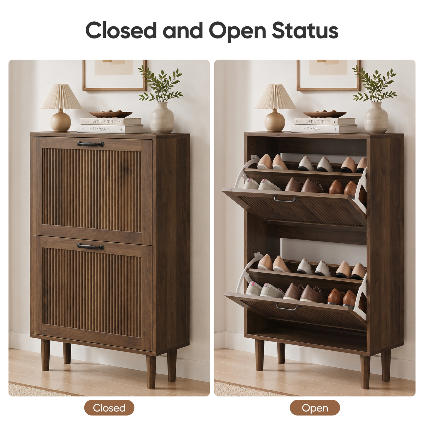 Algherohein Slim Hidden Shoe Cabinet with Fluted Doors, Flip Down Shoe Storage Cabinet Organizer, Freestanding Wood Entryway Shoe Rack