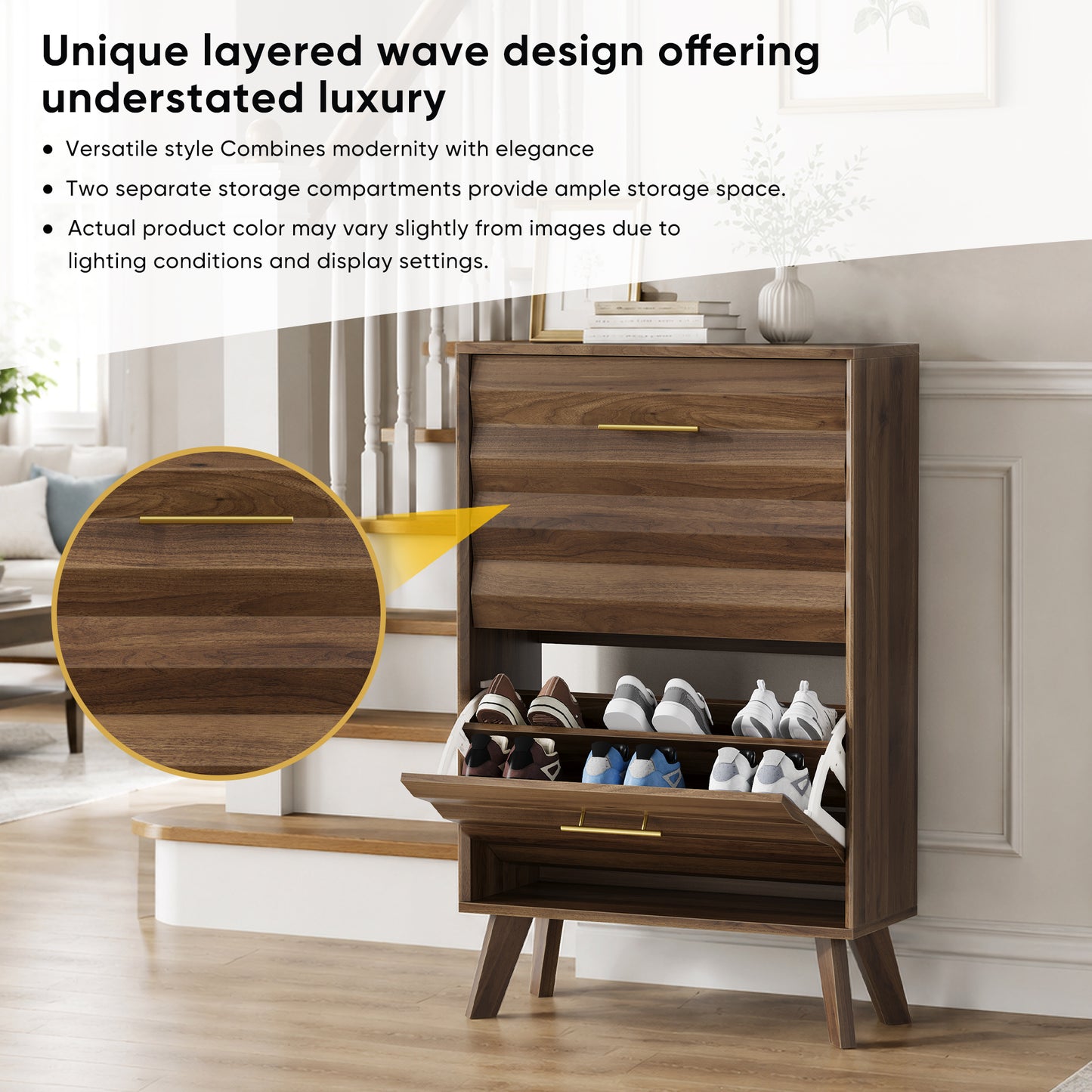 Semiocthome Mid-Century Shoe Cabinet, Shoe Storage with 2 Wavy Texture Drawers for Hallway, Walnut