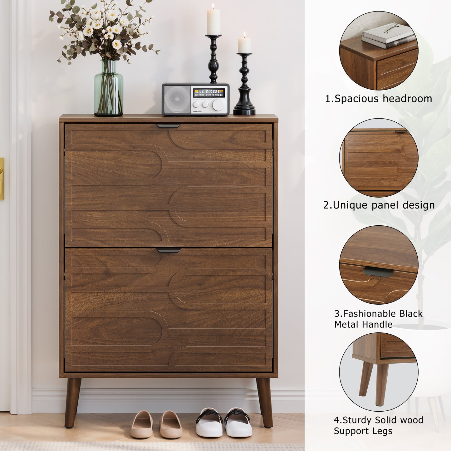 Semiocthome 23.6" Shoe Cabinet with 2 Flip Drawers Wood Shoe Organizer for Entryway, Walnut