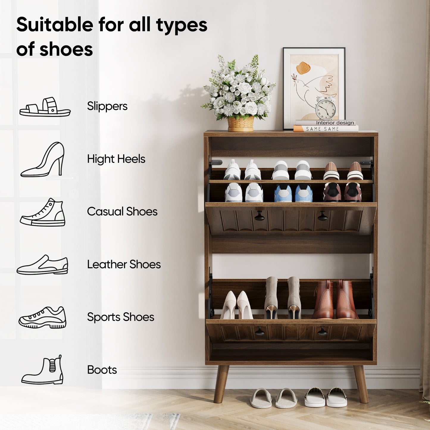 Semiocthome 23.6" Shoe Cabinet with 2 Flip Drawers, Farmhouse Shoe Rack for Entryway ,Walnut