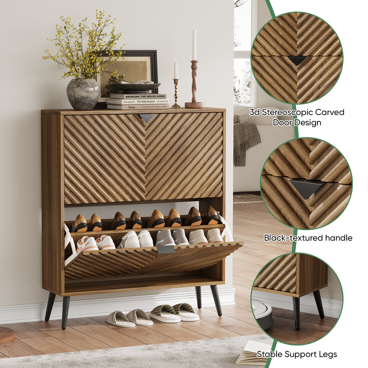 Smuxee Diamond Pattern Shoe Storage Cabinet for Entryway with 2 Flip Drawers，Freestanding Wood Hidden Shoe Organizer with Adjustable Shelves,Walnut 31.5"W
