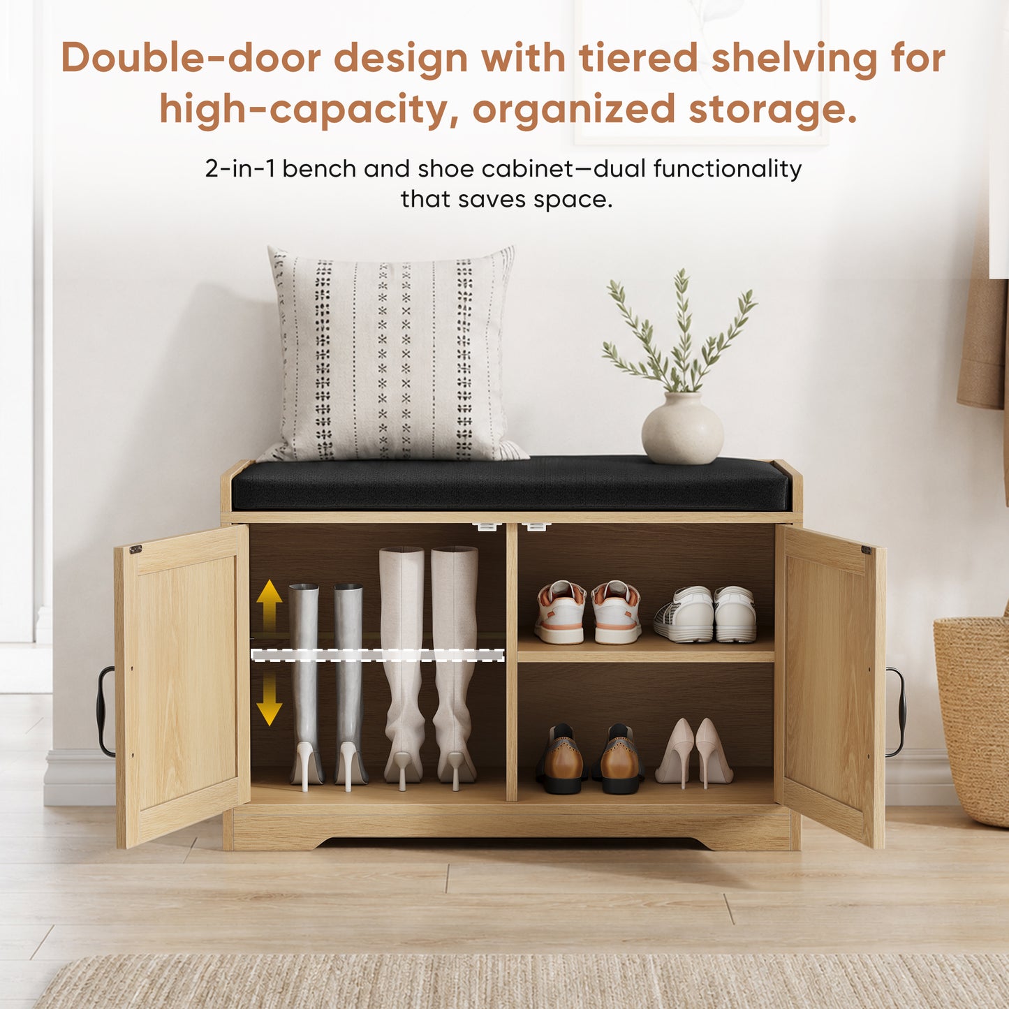 Algherohein Entryway Shoe Bench with Closed Storage Cabinet, Padded Seat Shoe Organizer Bench for Hallway