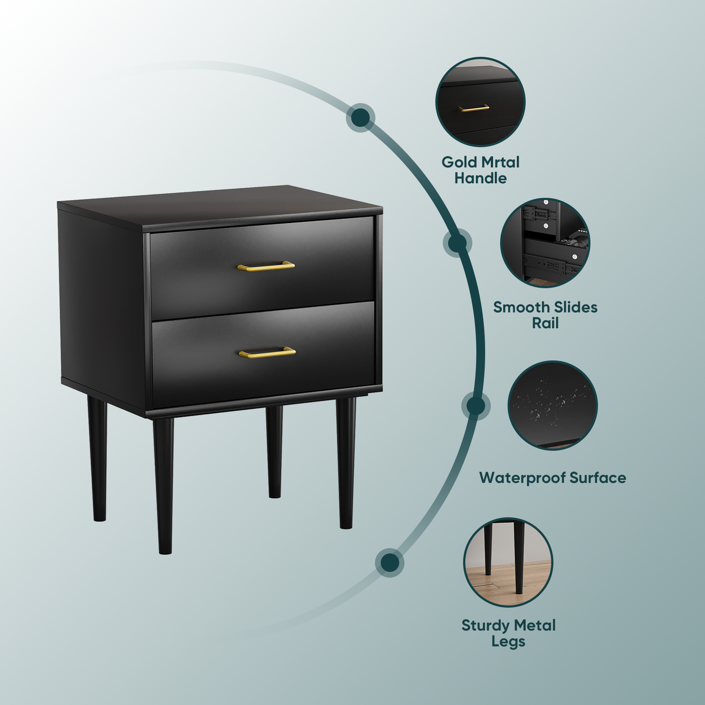 Semiocthome Nightstand with 2 Drawers, Bedside Table for Bedroom, End Tables for Living Room, Black