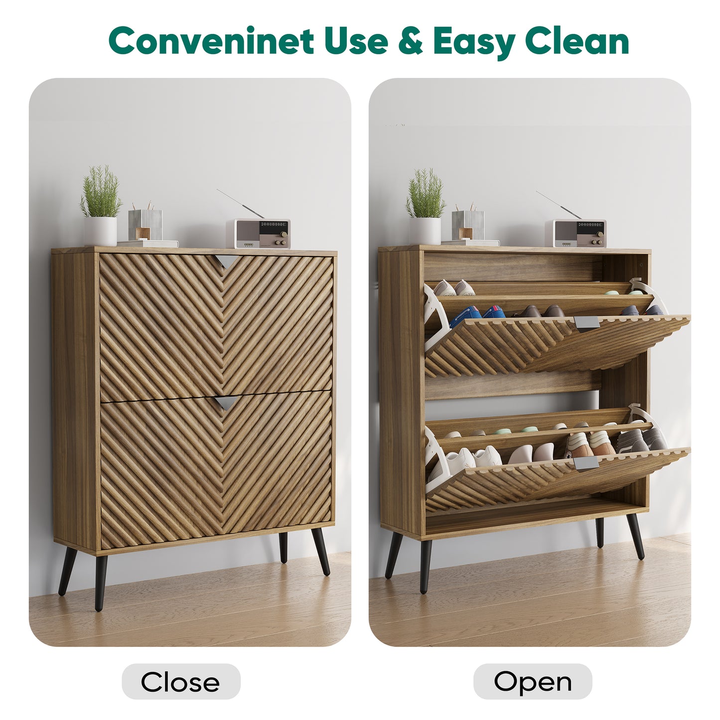 Semiocthome 31.5" Shoe Cabinet with 2 Fluted Diamond Doors Entryway Shoe Storage, Walnut