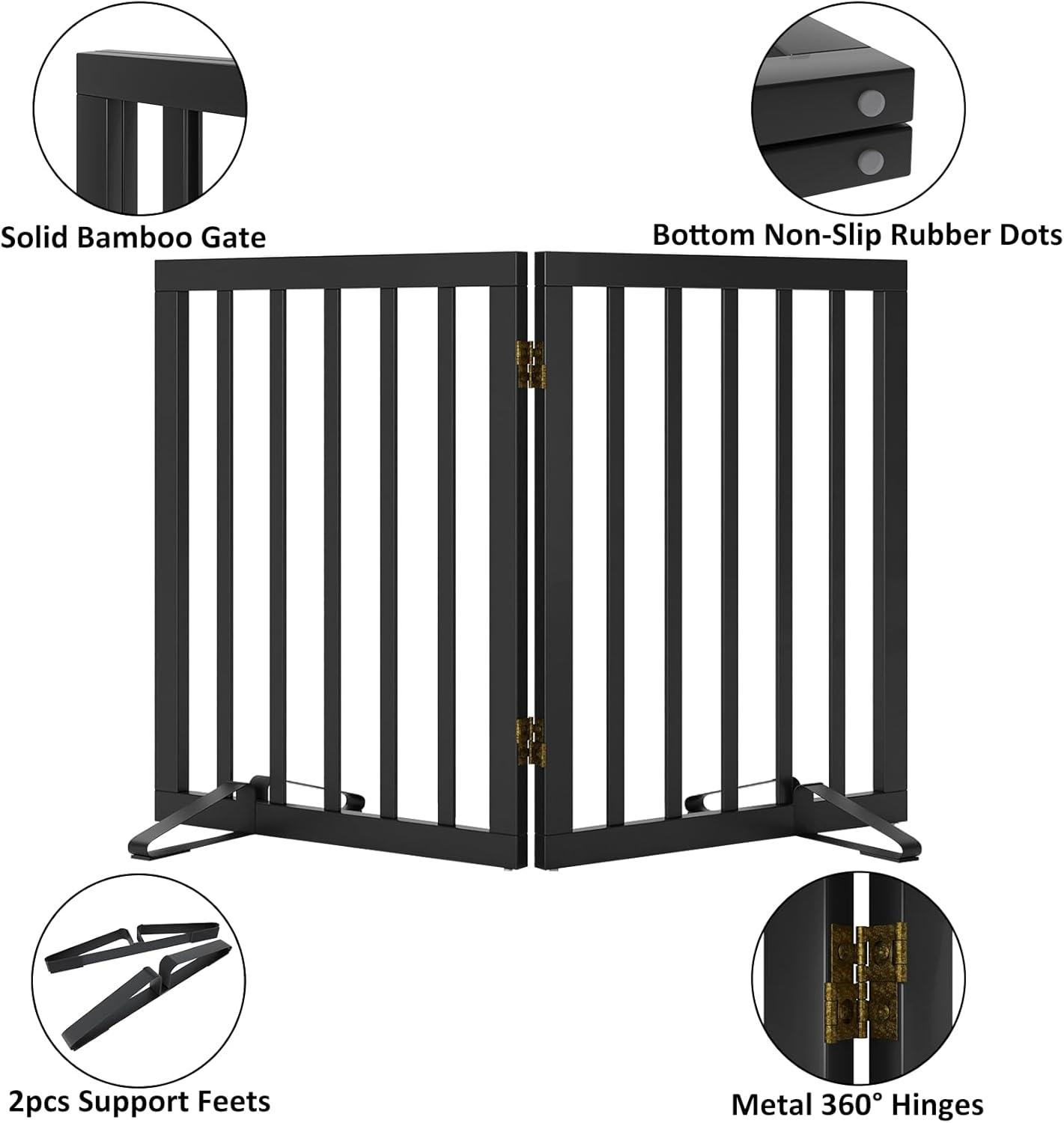 Smart FENDEE Bamboo Dog Gates for Doorways Freestanding Pet Gate, 2 Support Feet, 24"H, Black