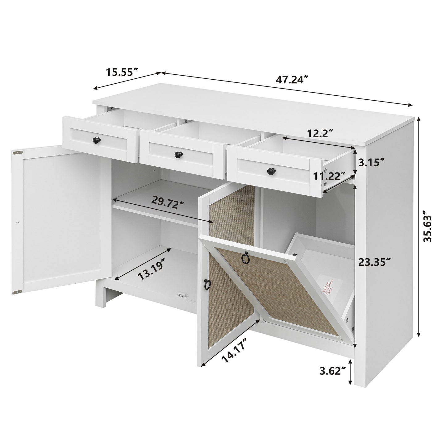 Semiocthome Rattan Storage Cabinet with Tilt Out Trash and 3 Drawers for Kitchen White